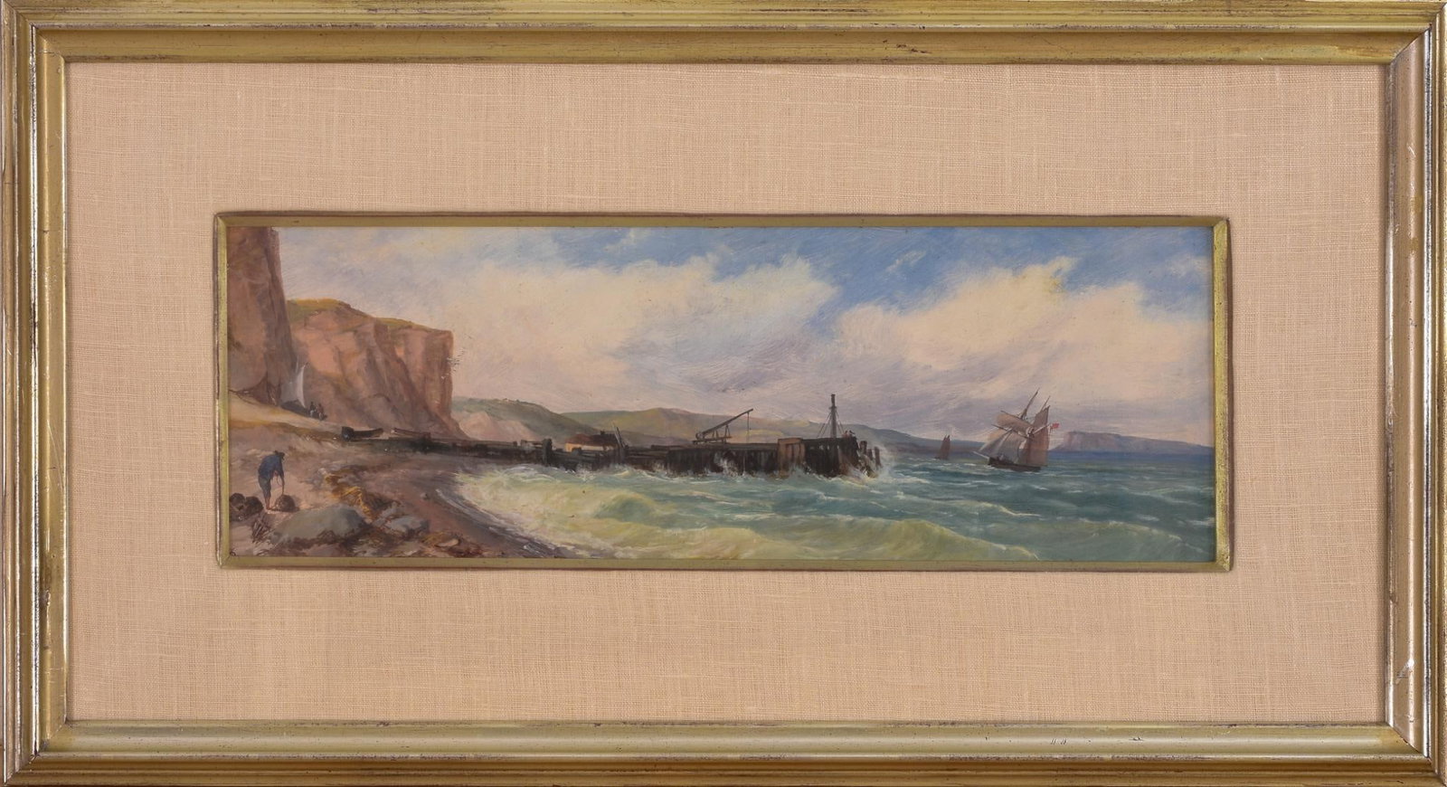 19TH CENTURY WATERCOLOR OF A FISHING PIER.: 6.5 x 19.5 inches, sight. Framed, 15 x 28 inches. Unsigned.