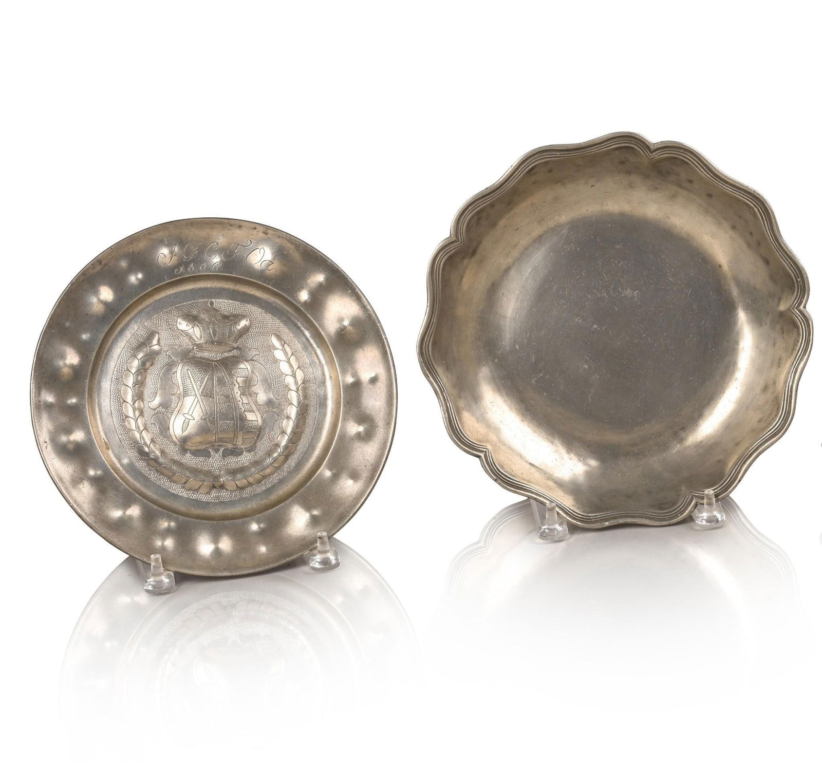 TWO PEWTER PLATES (1 of 3)