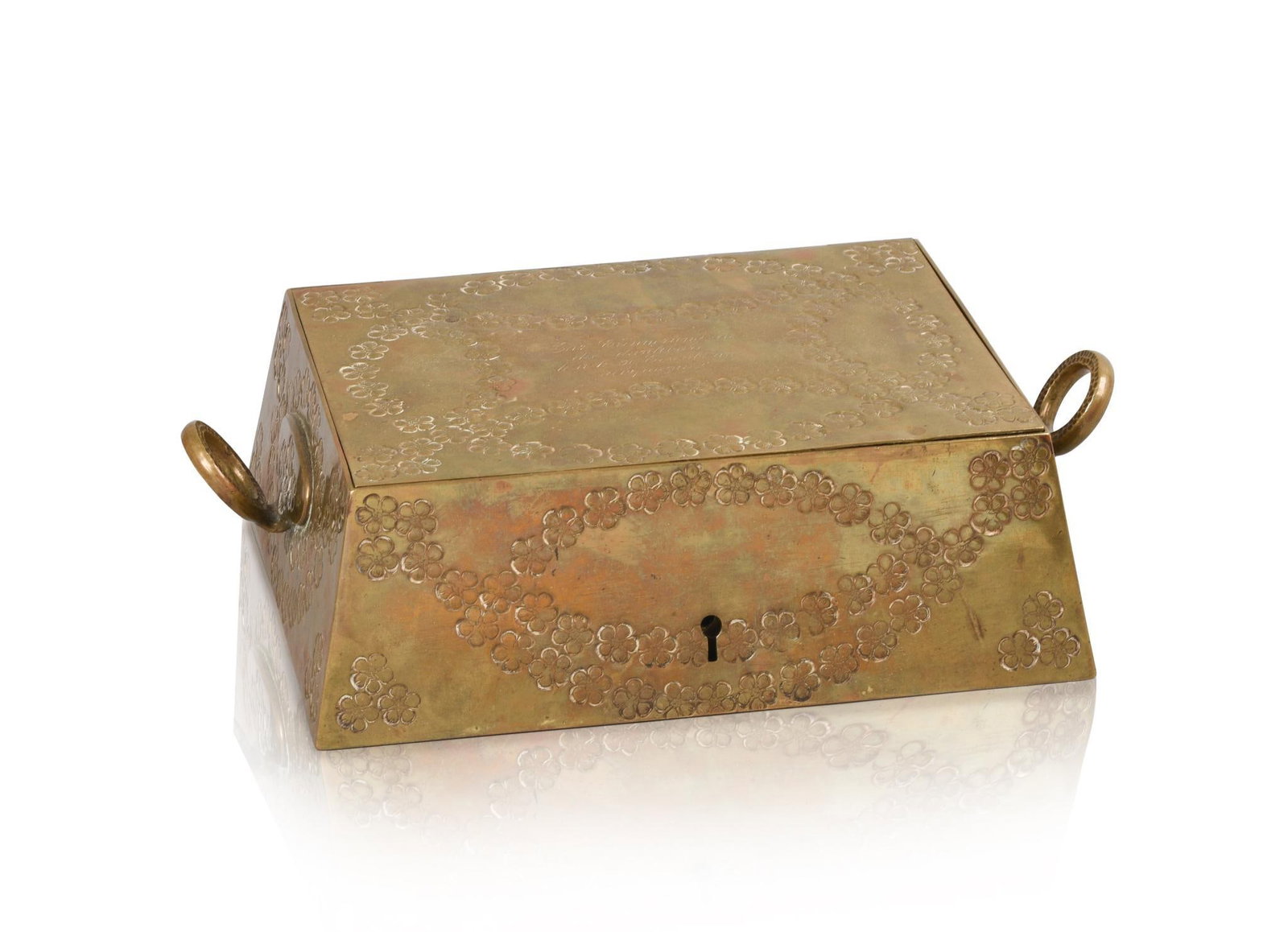 AUSTRIAN BRASS RAILROAD BOX: With etched floral design and two circular handles, inscription on lid, no key, height 3 inches, width 12 inches, depth 6.25 inches