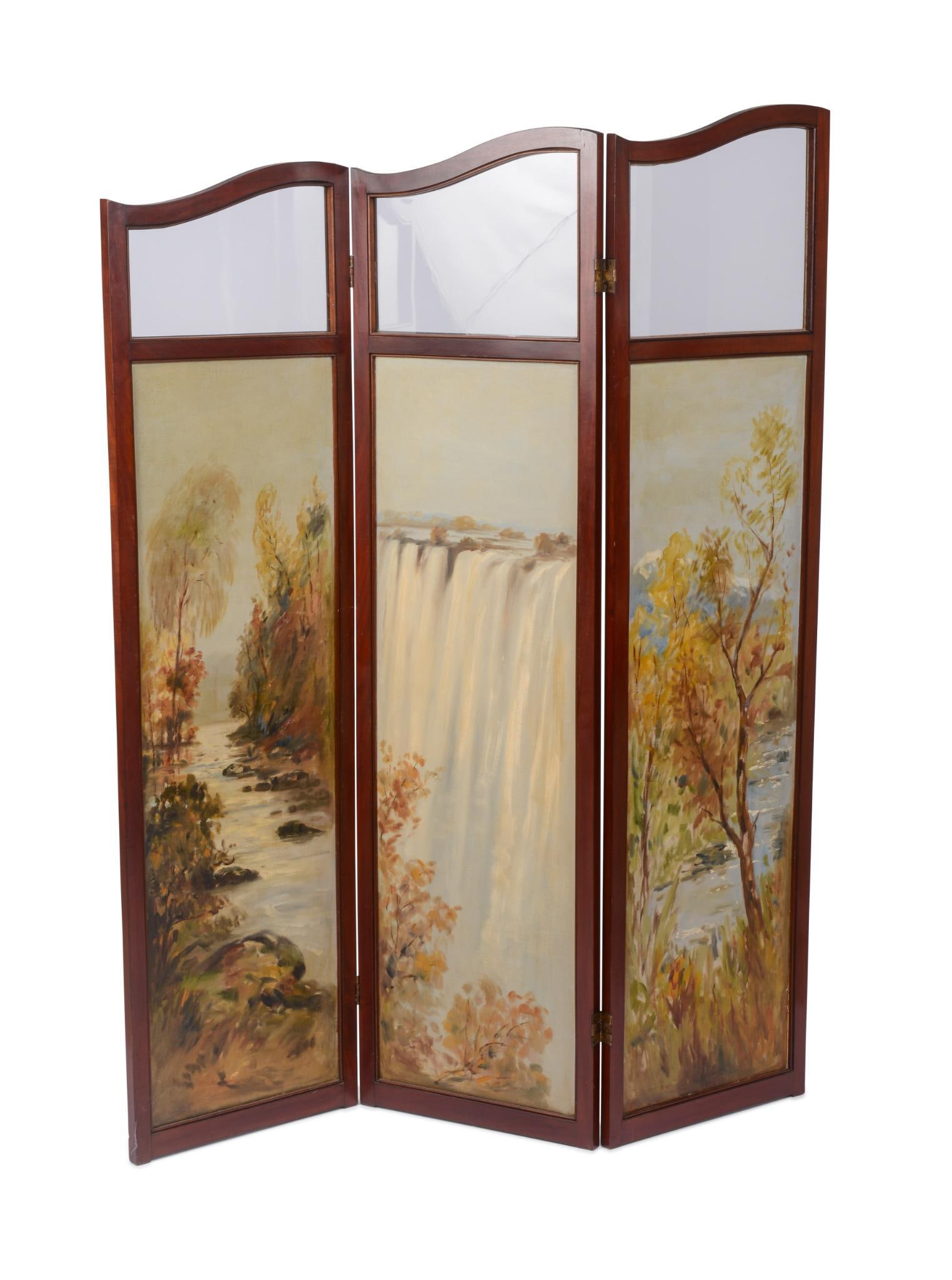 Three Panel Screen With Painted Landscape Decoration. (1 of 2)