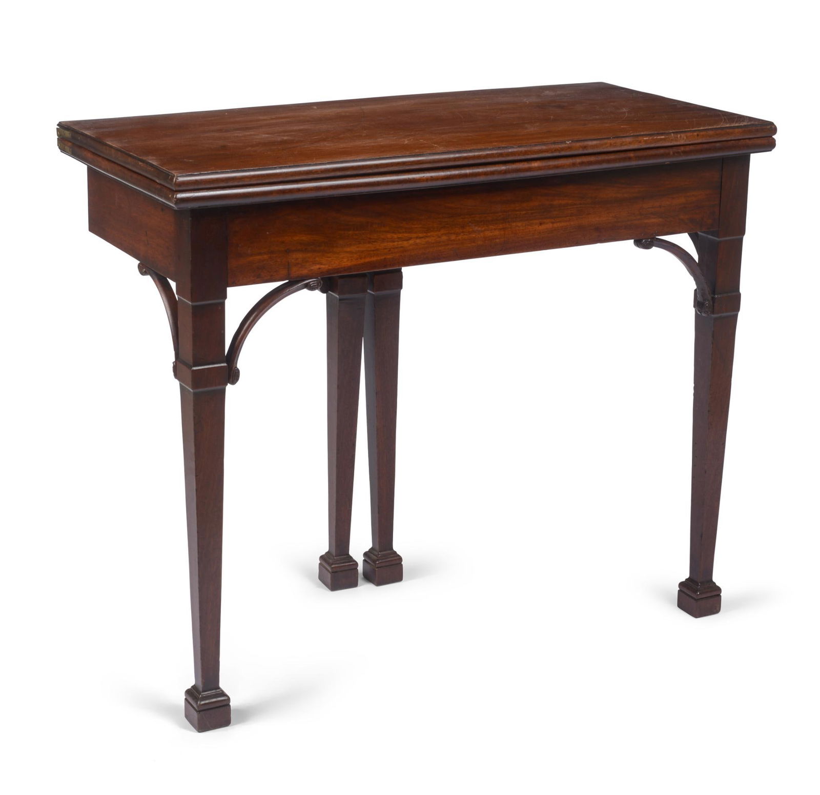 English Mahogany Games Table.: Unusual double swing leg configuration, height 28 inches, top closed 34 x 16 inches.