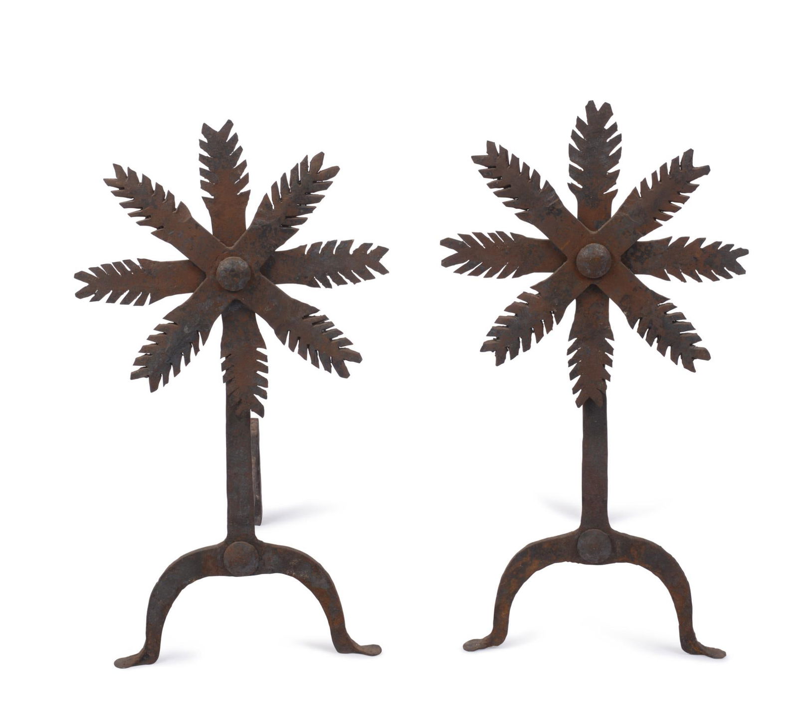 PAIR OF EARLY WROUGHT IRON ANDIRONS. (1 of 2)