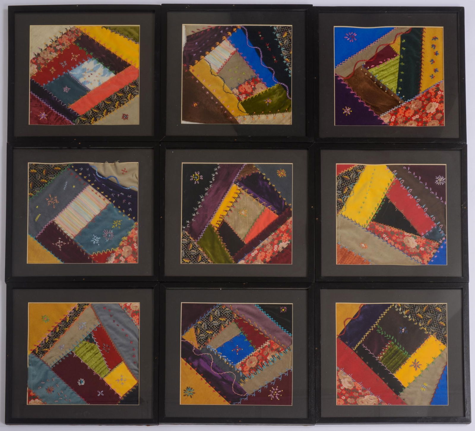 NINE FRAMED CRAZY QUILT FRAGMENTS. (1 of 4)