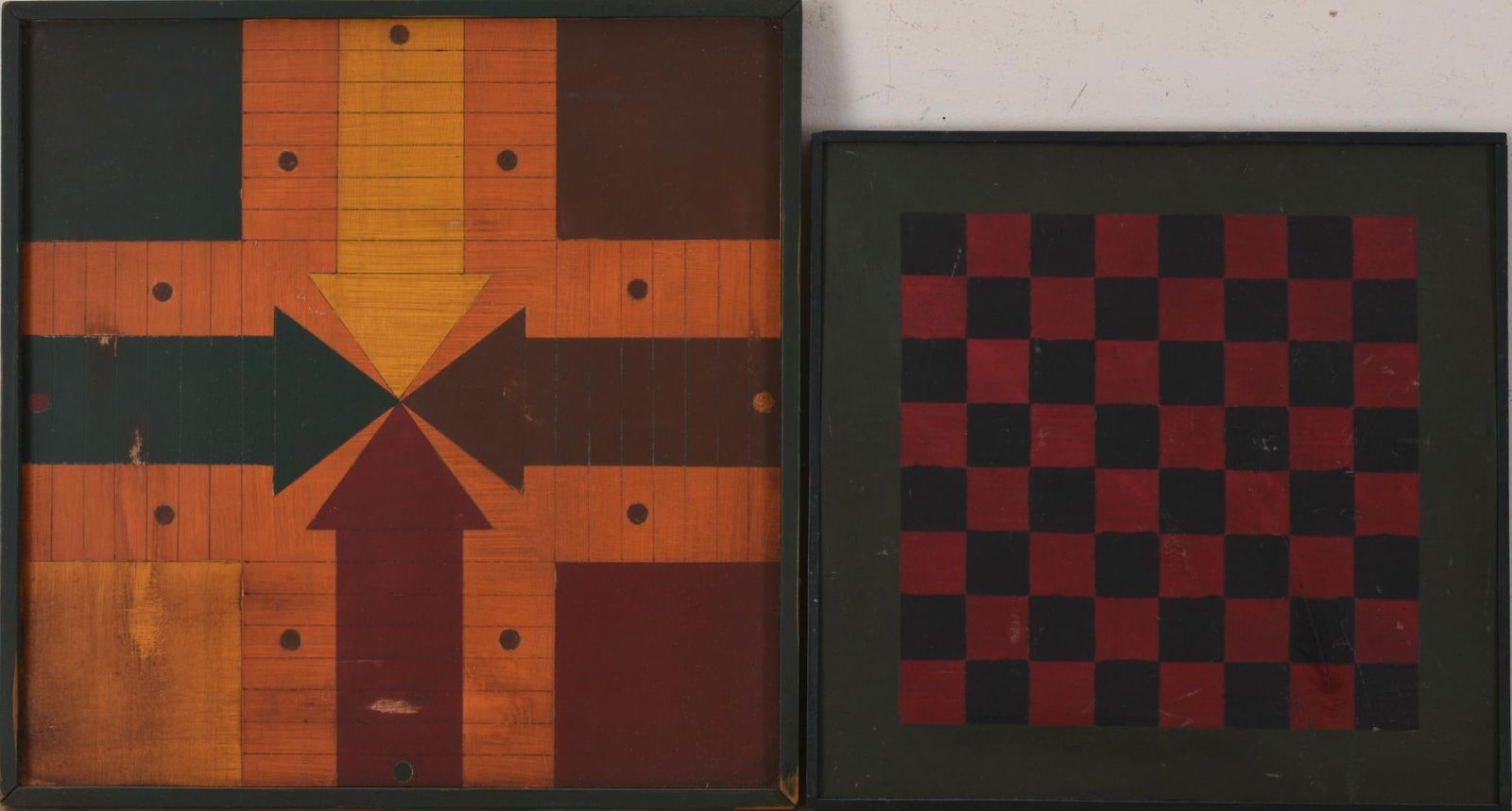 TWO PAINTED GAME BOARDS. (1 of 2)
