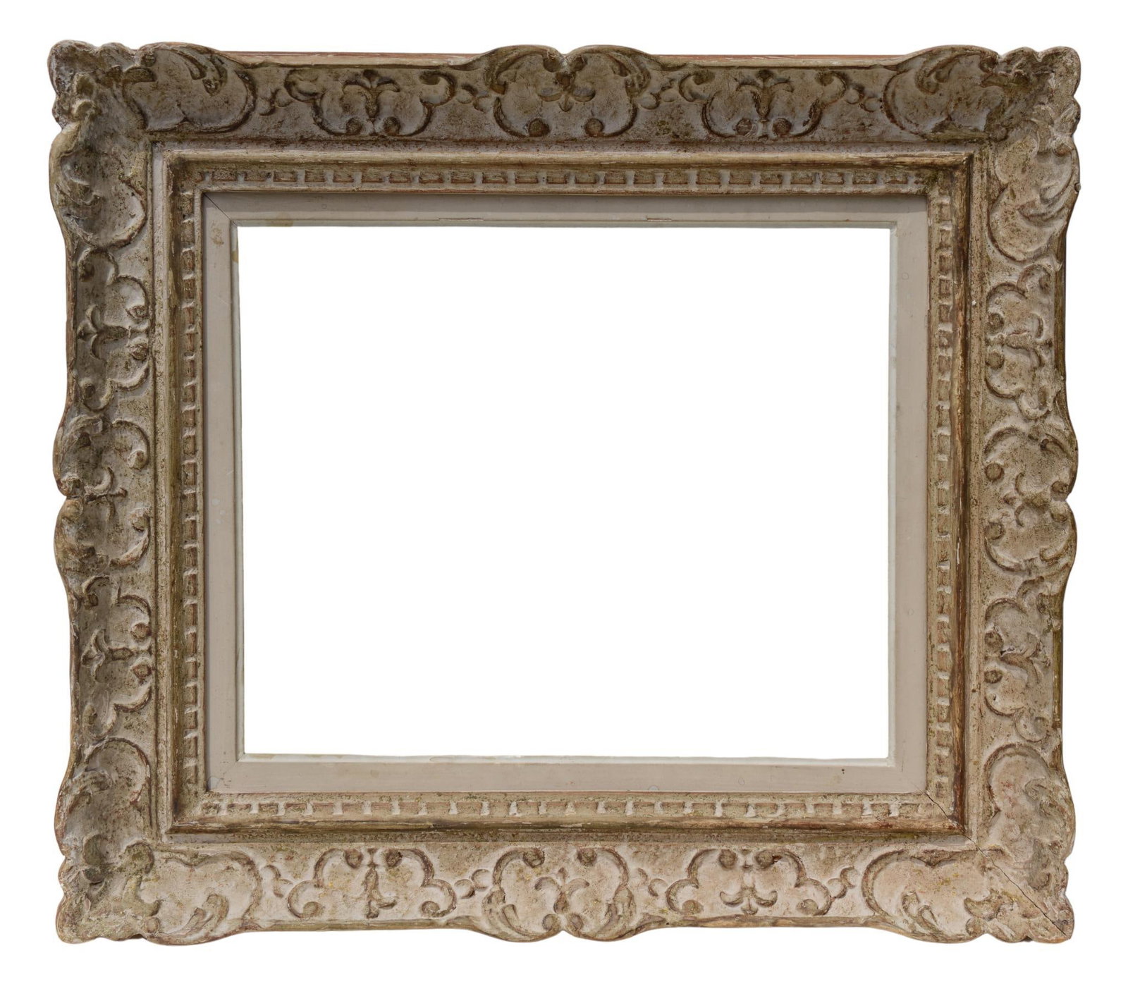 Whitewashed Carved Frame: Bevel 15 inches x 18 inches, overall 24 inches x 27 inches