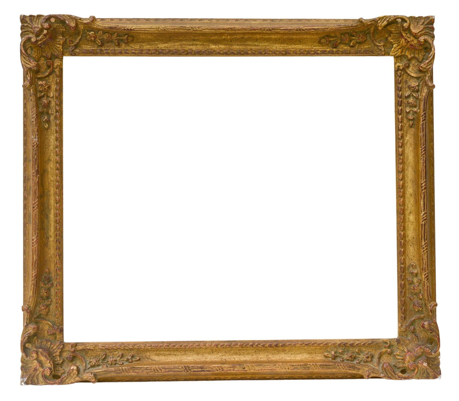 Gold Carved Frame with Corner Shell Decoration: Bevel 24 inches x 28.5 inches, overall 30 inches x 34 inches