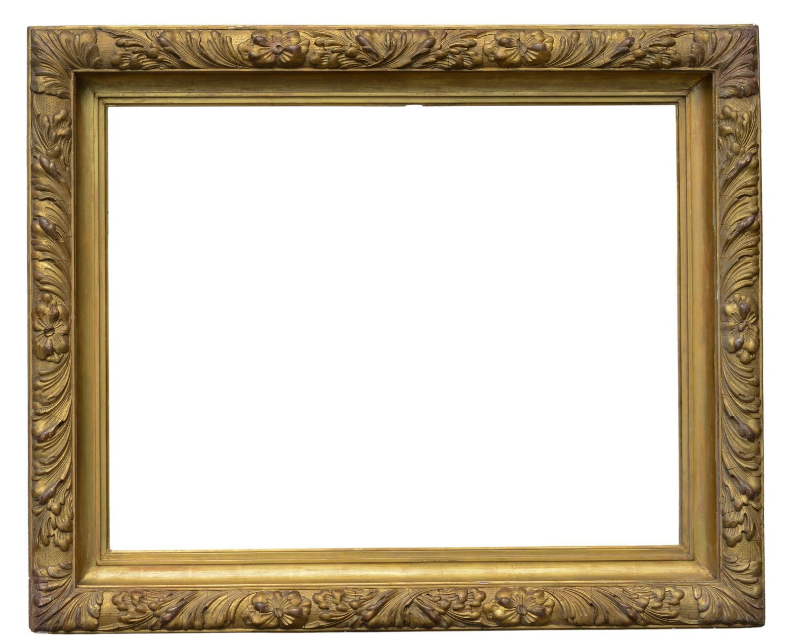 Large and Deep Carved Giltwood Frame: Bevel 24.25 x 36.25 inches, overall 37.5 x 46 inches.