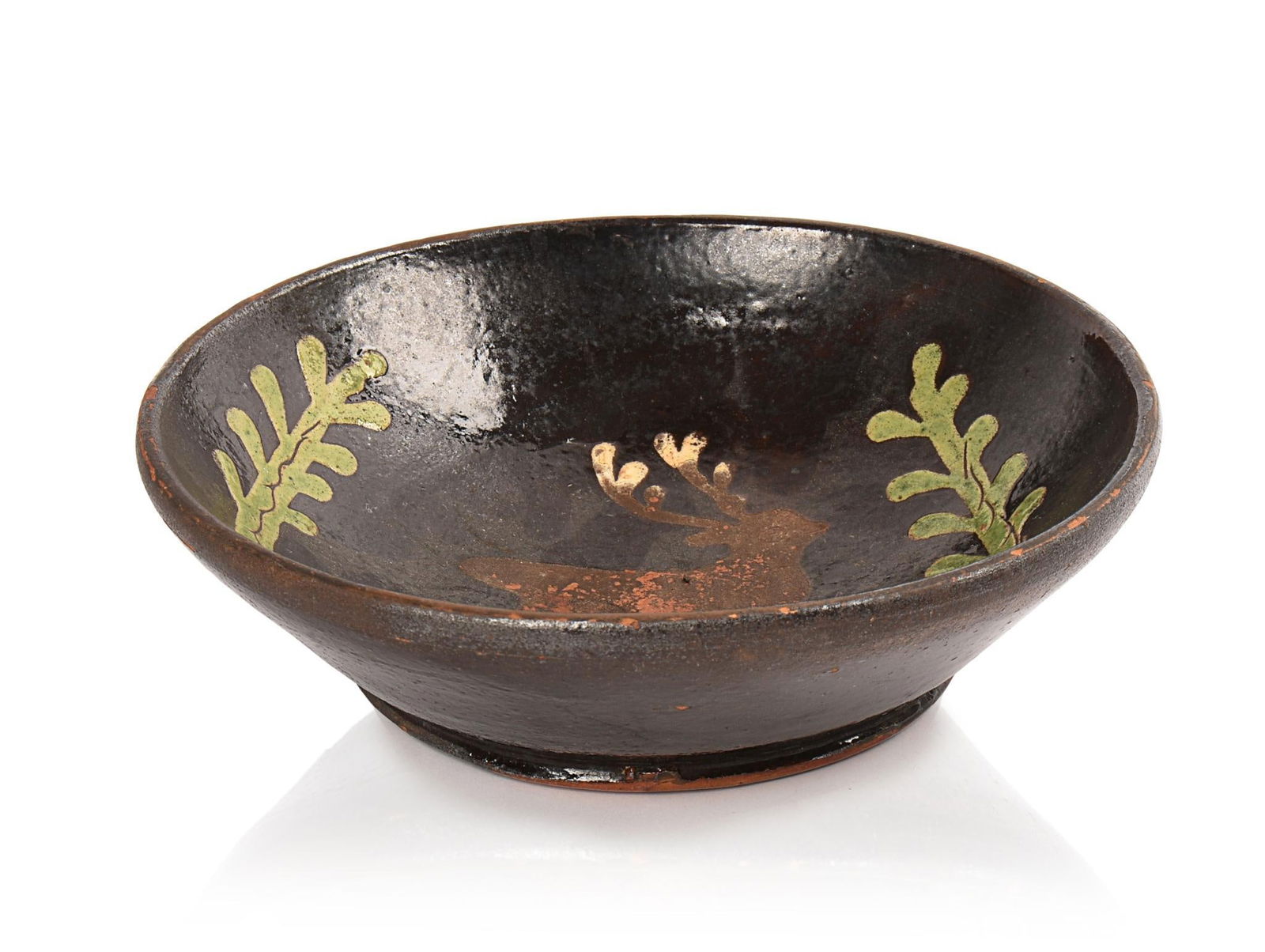 19th Century Redware Bowl With Deer Decoration. (1 of 3)