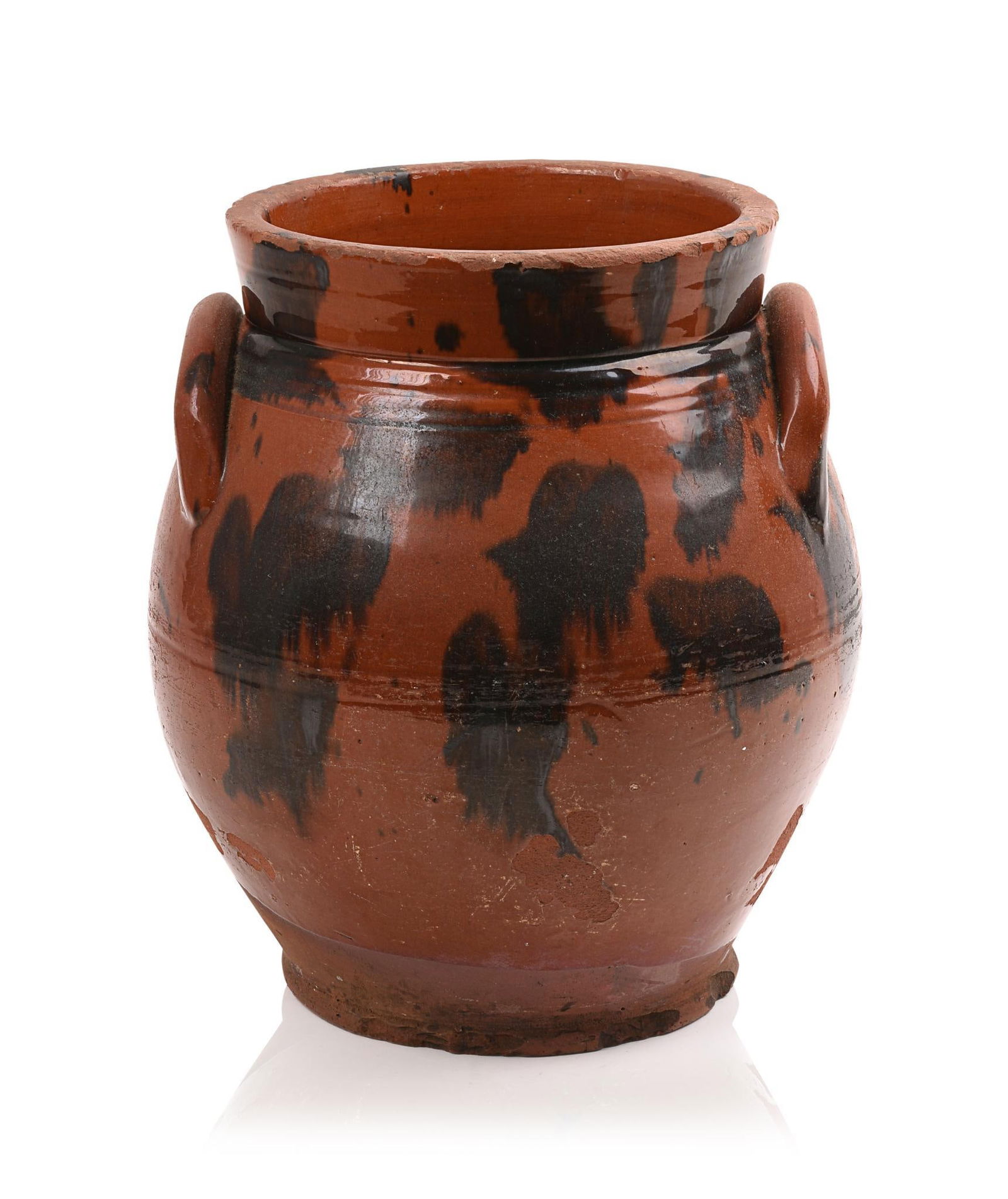 Large 19th Century Redware Crock.: Height 11.5 inches. Ships to rim and base, some losses to glaze.