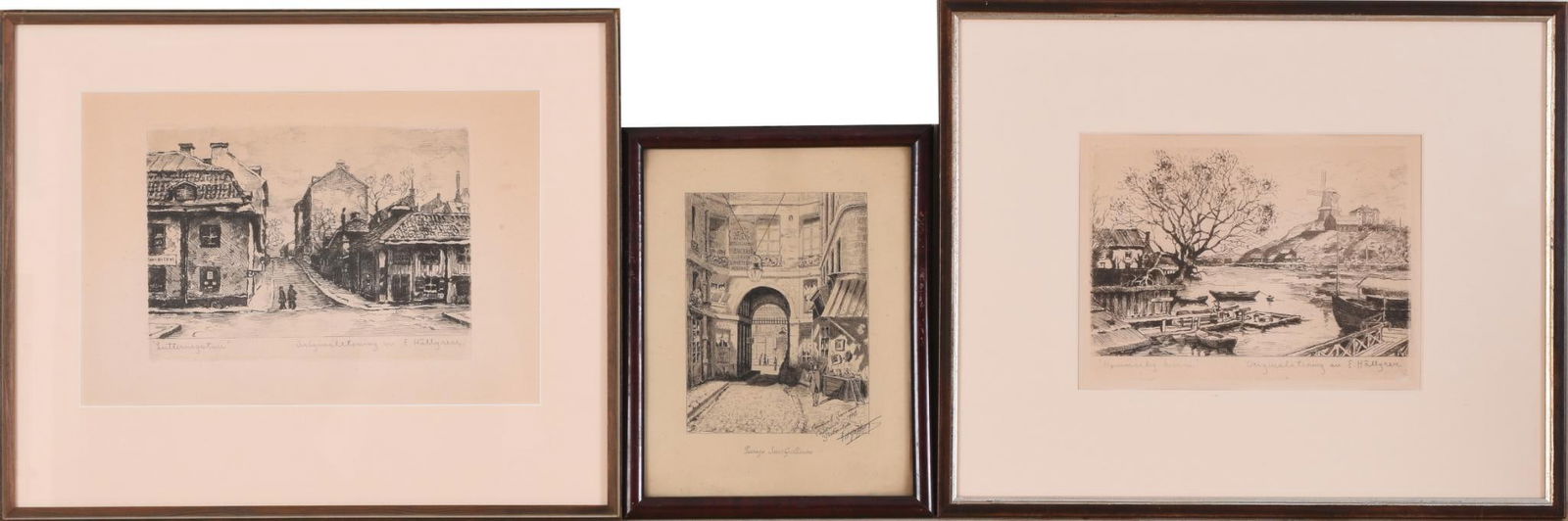 TWO ENGRAVINGS BY ERNST HALLGREN.: Each image 7 x 9.25 inches, signed in the plate. Framed, 18 x 15 inches. Together with a third engraving.