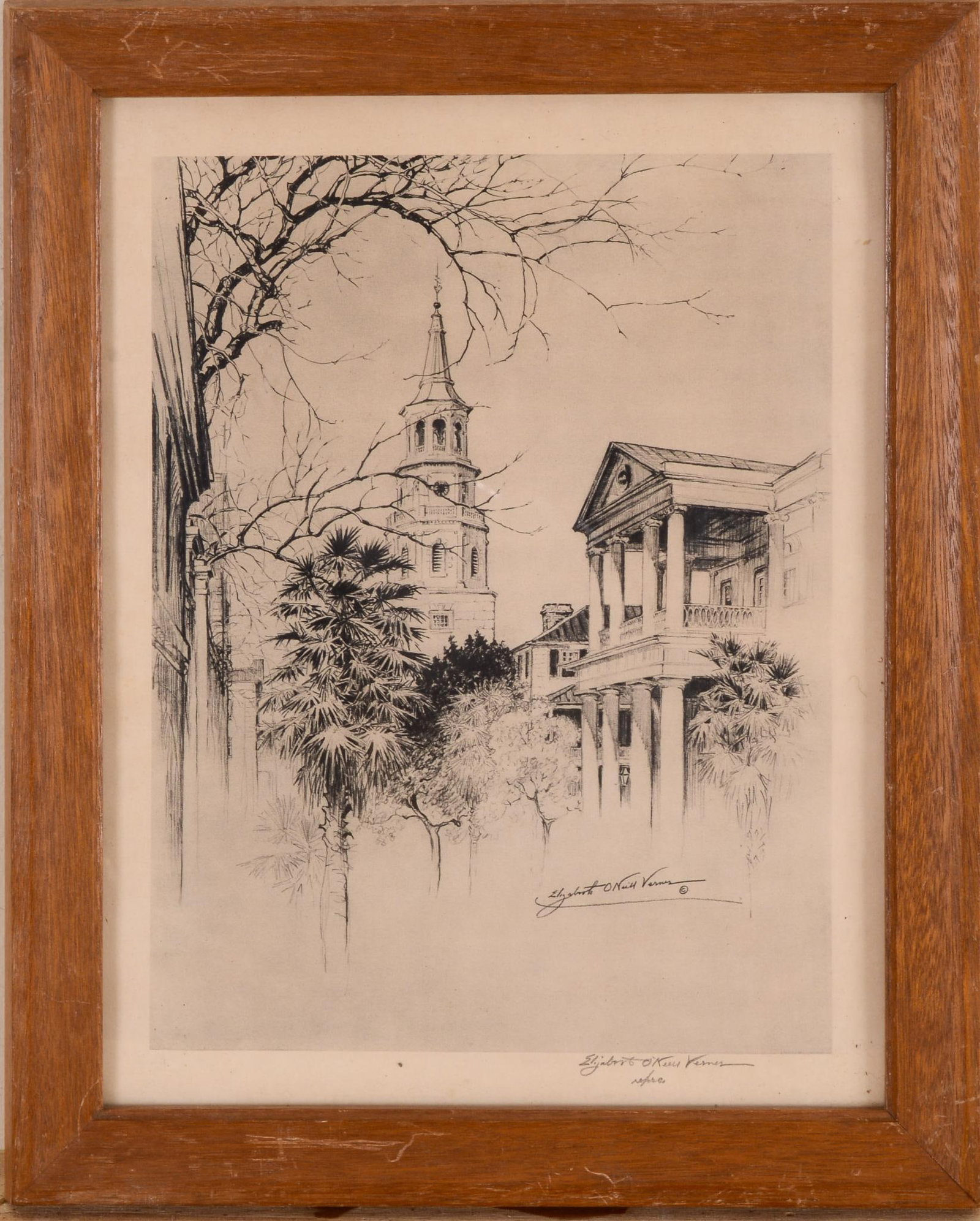 Elizabeth O'Neill Verner Collotype Print of Charleston.: Signed in pencil lr, framed. Frame 16 by 12 7/8 inches. Plate 12 inches by 9 inches.
