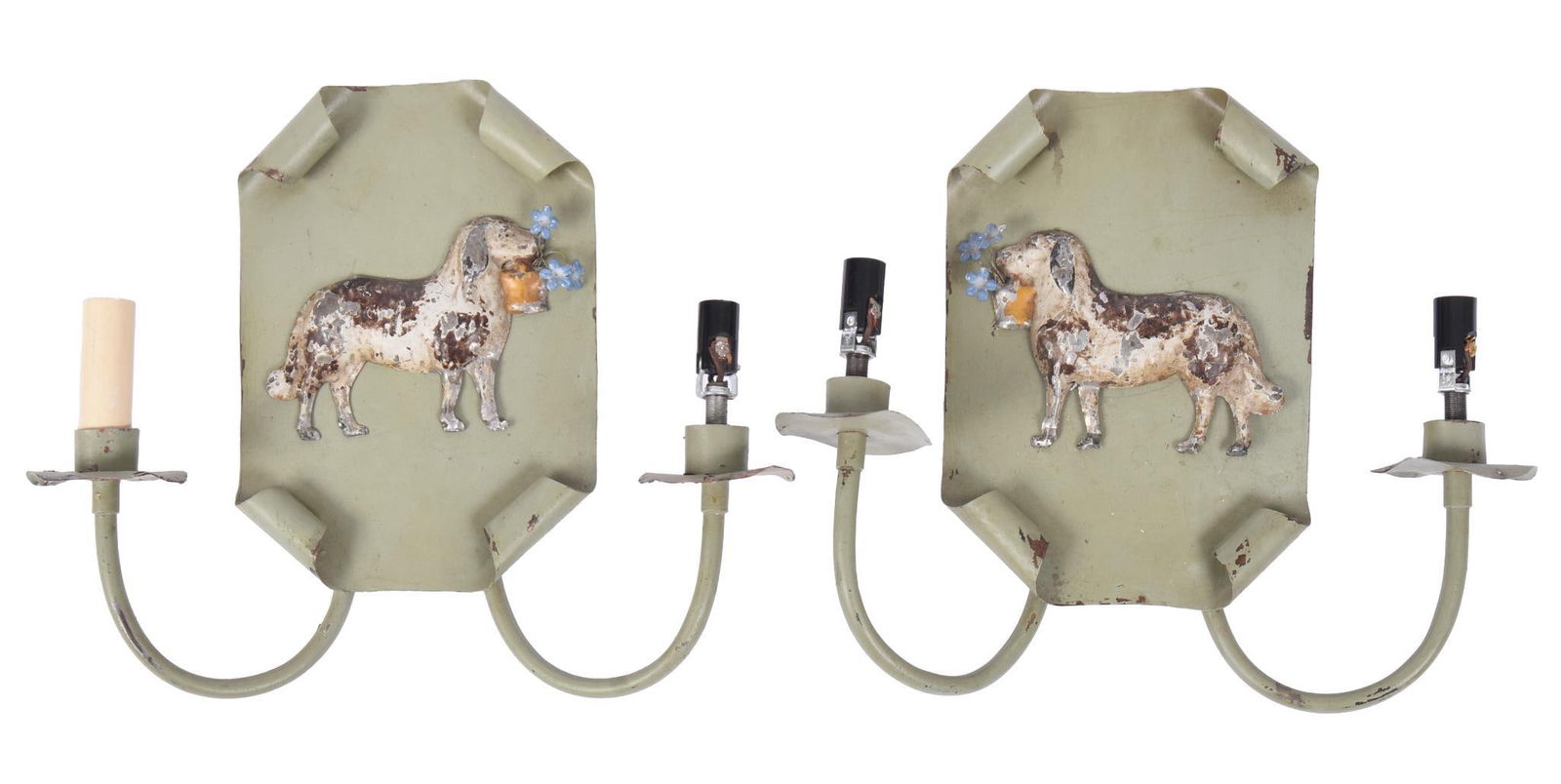 Pair of Painted Tin Wall Sconces With Dogs. (1 of 2)