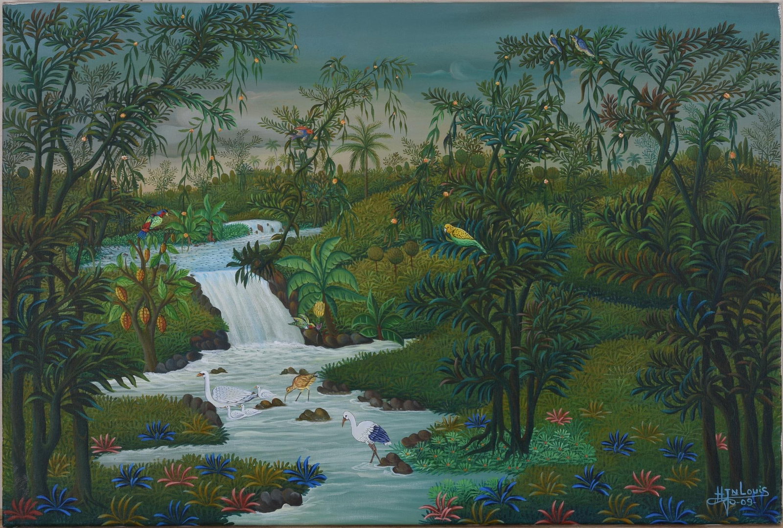 Henri Jn-Louis (B. 1950). Haitian Landscape With Waterfall.: Oil on canvas, 24 x 36 inches. Signed and dated 2009 lower right. Unframed.