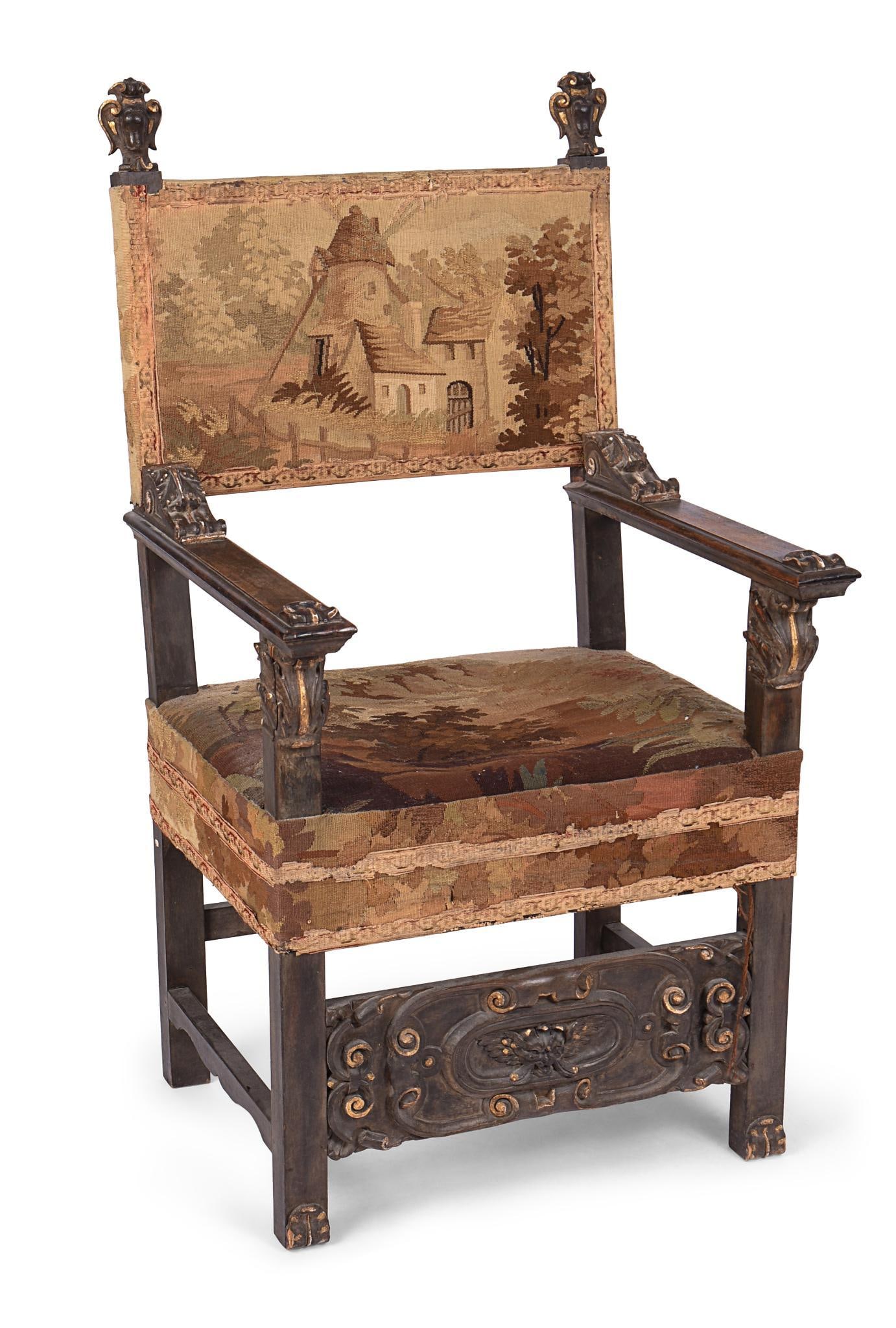 Continental Carved Armchair With Needlepoint Upholstery.: Seat height 19 inches, overall height 48 inches, width 25 inches.