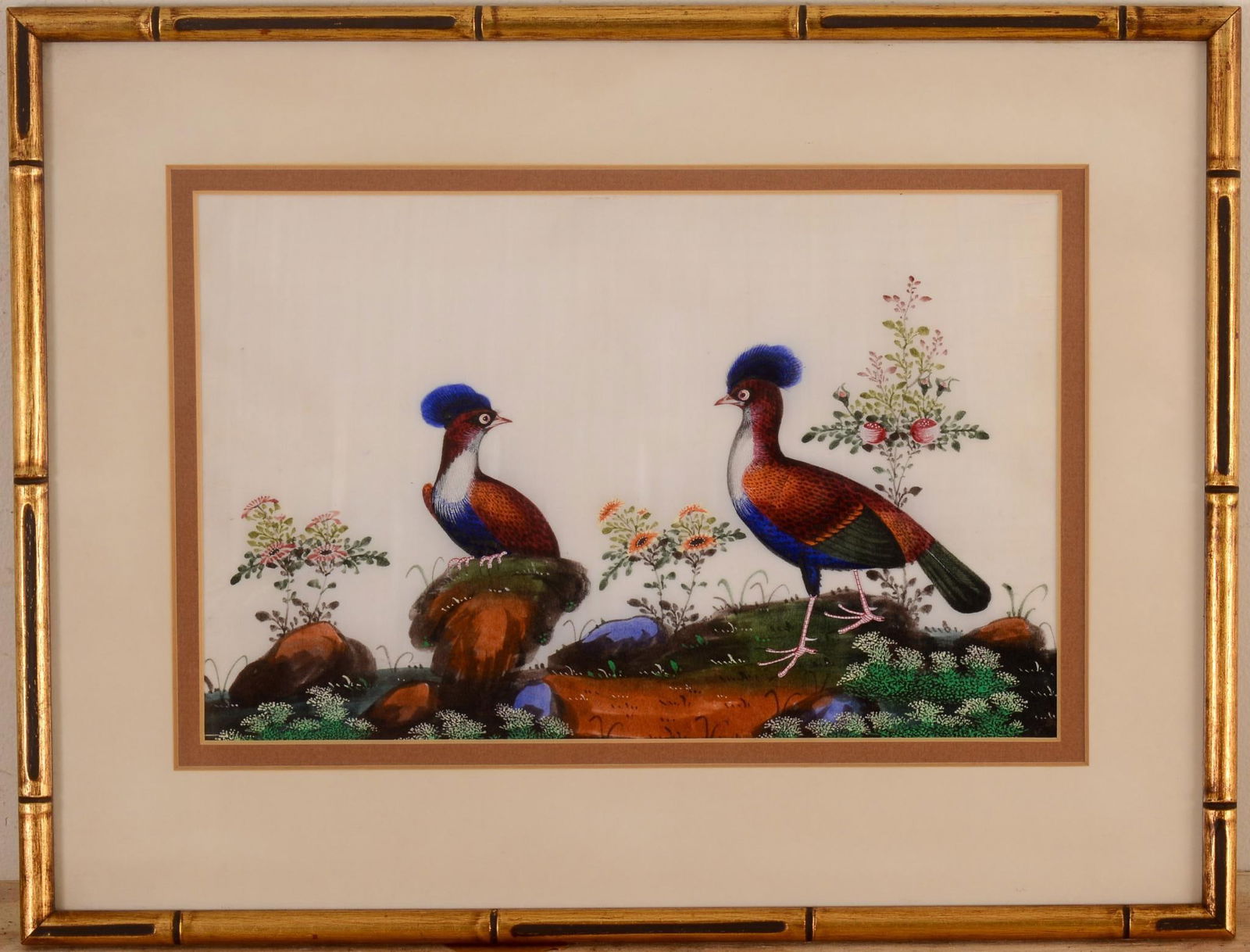 Chinese Pith Paper Painting of a Pair of Asian Birds. (1 of 2)