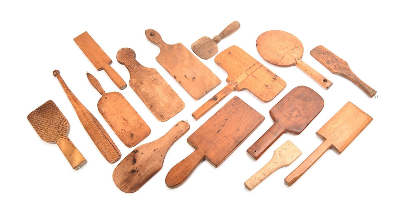 Collection of Wooden Paddles.: Lengths 7 to 14 inches. 15 total, some with hanging hooks.