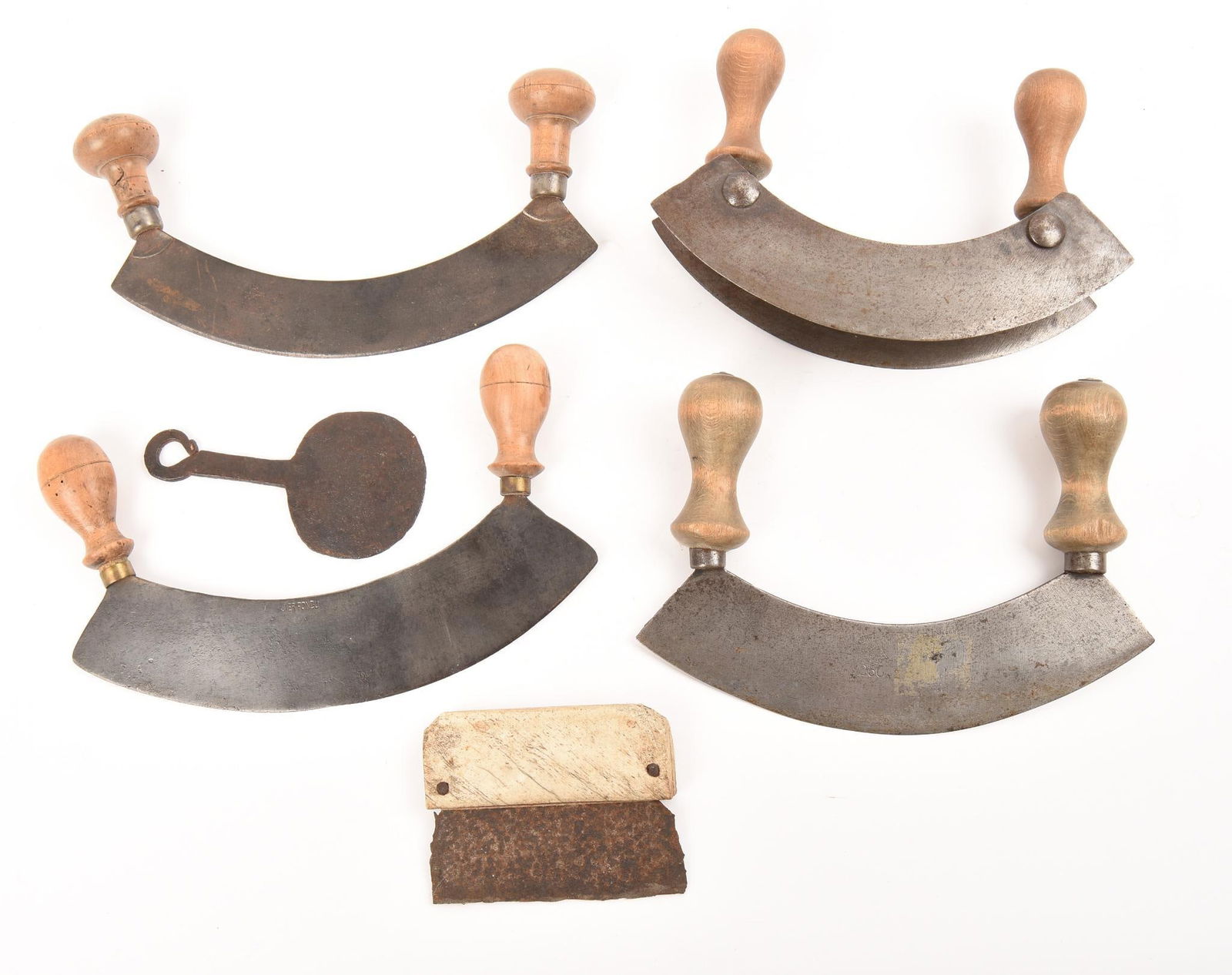 Collection of 18th and 19th Century Choppers.: Including a bone handled example, 5 x 4 inches, wrought iron with round head, length 6 inches, and four double handled wood and steel.