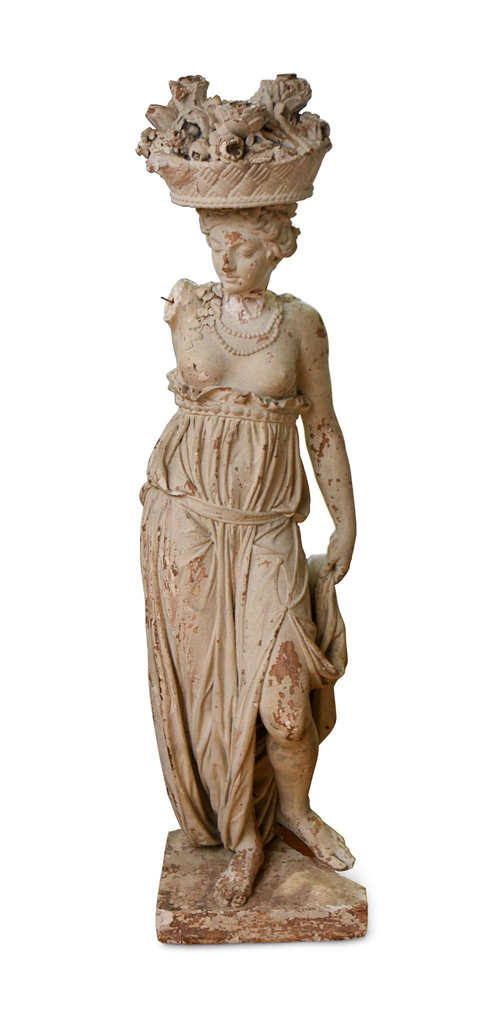 19th Century Plaster on Metal Candelabra of a Woman Carrying a Bowl of Fruit.: Height 55 inches. Losses.