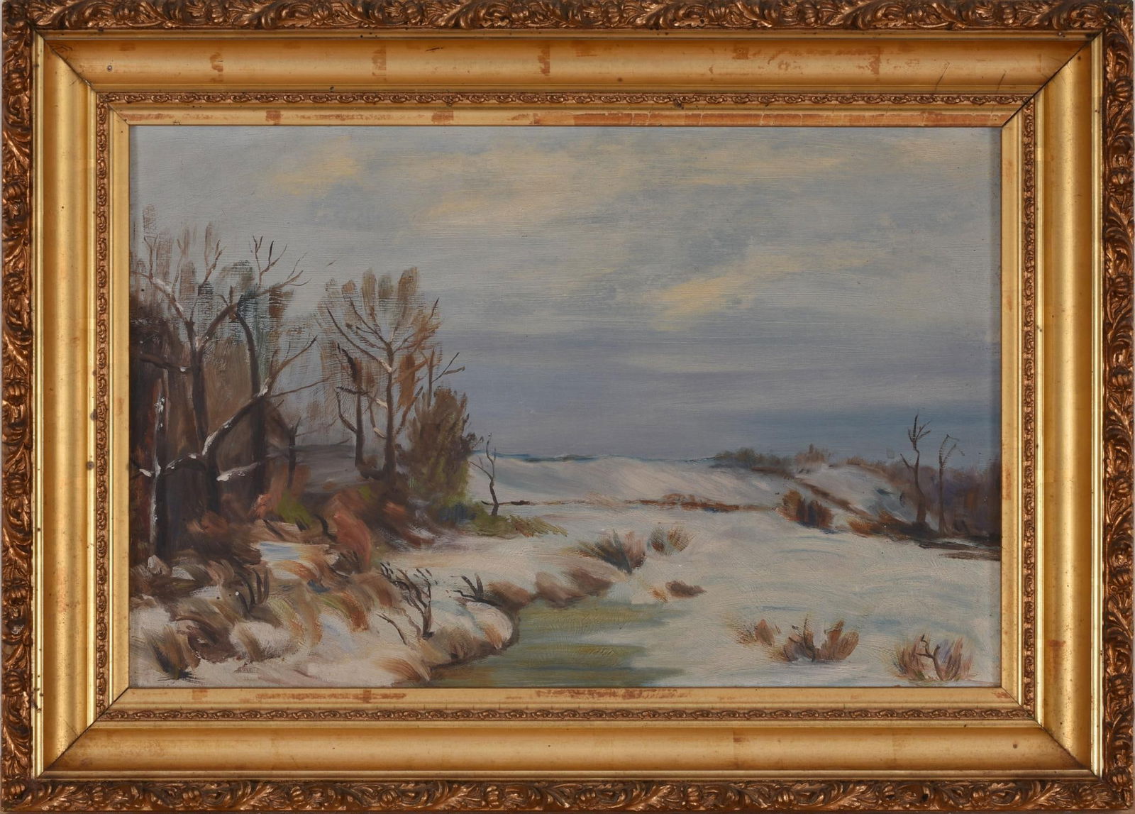 Bruce (Robert Bruce) Crane (1857 - 1937). Winter Landscape.: Oil on board, 12 x 18.5 inches. Signed on verso. In a period gilt frame, 16.5 x 23 inches.