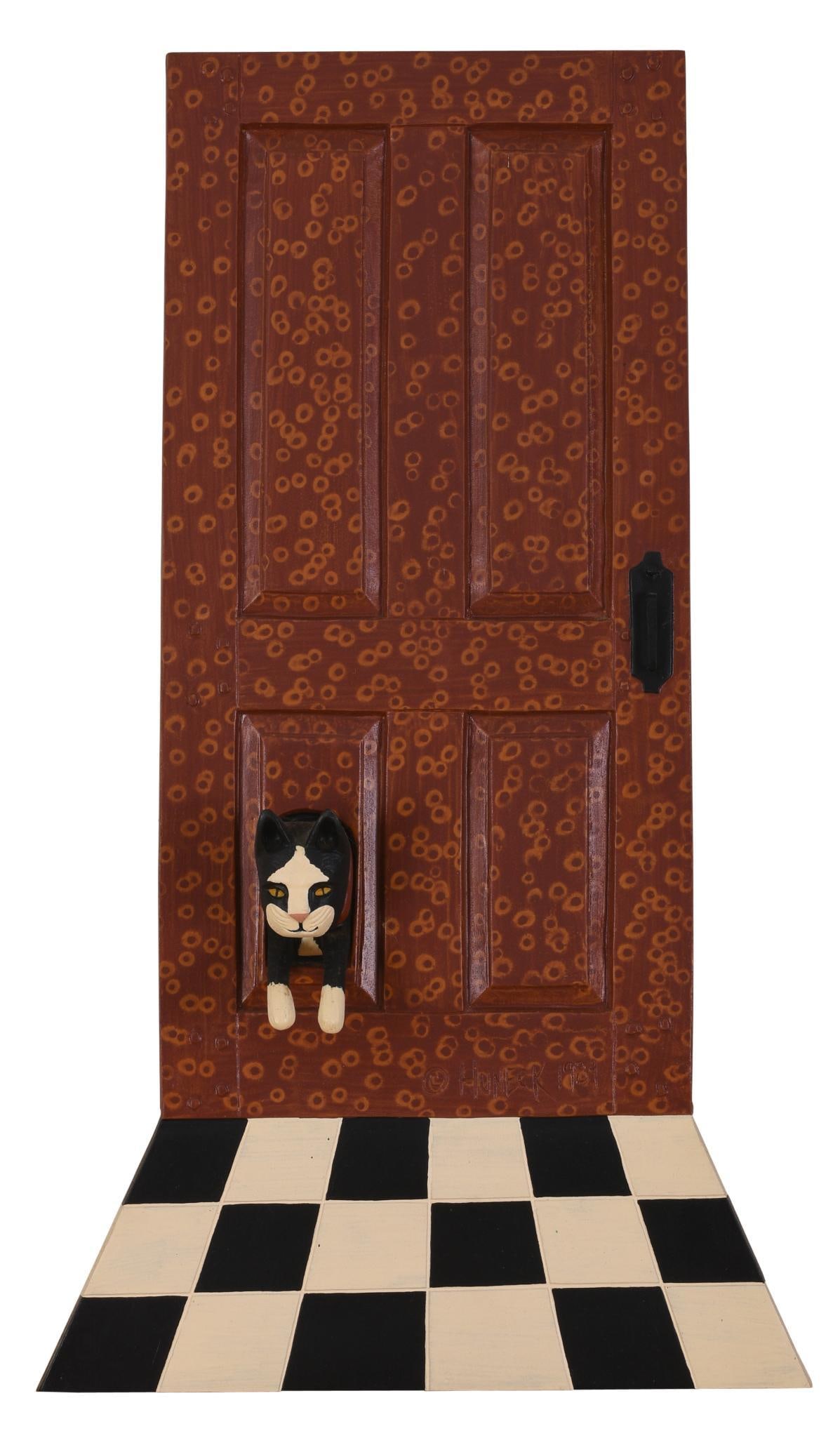 Stephen Huneck (1948-2010). The Cat Door.: Cast and painted metal, 29.5 x 16 inches.