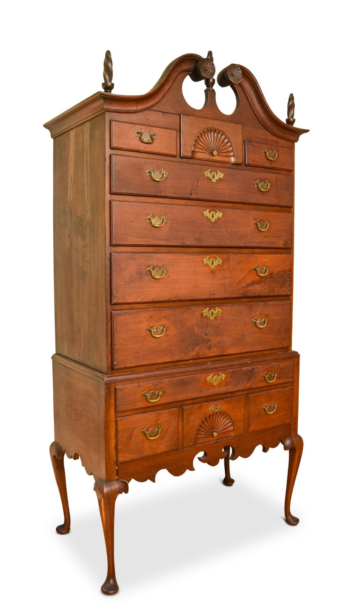 NEW ENGLAND QUEEN ANNE BONNET TOP HIGHBOY. (1 of 5)