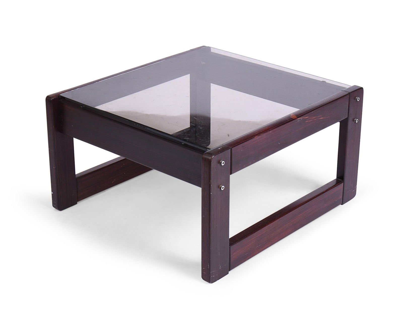 Percival Lafer Glass Top Coffee Table: On a wood base, height 12.5 inches, width 22 inches, depth 23.5 inches, good condition