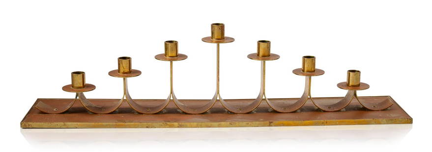 Large Ivar Alenius Bjork Brass Candelabra.: Designed for Ystad Metall, Sweden c. 1950, signed under center candleholder. Length 27.5 inches, height 7.5 inches.