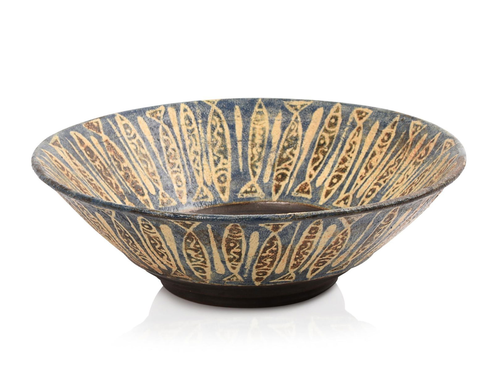 Japanese Mid-Century Studio Pottery Bowl.: Interior and exterior rims decorated with repeating fish motif, signed in Japanese characters on bottom. Diameter 11.5 inches, height 4 inches.