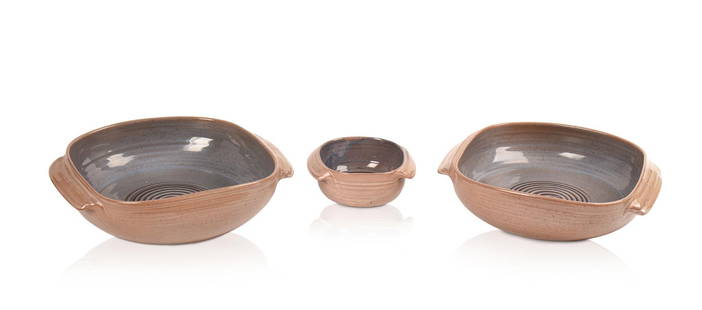 Three Edwin and Mary Scheier Studio Pottery Bowls.: All signed on the bottom. Width of largest 12 inches.