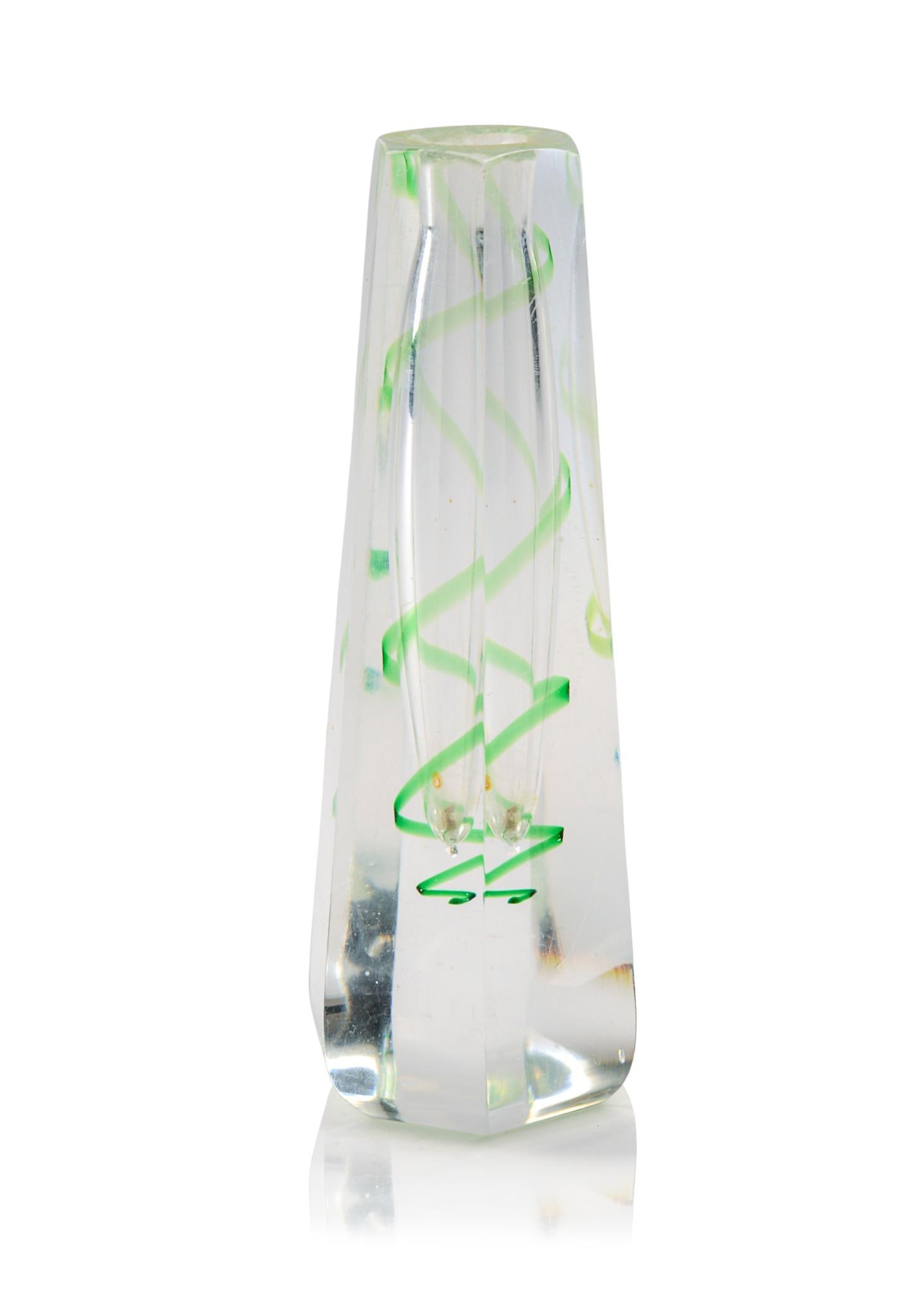Kosta Glass Vase.: Designed by Elis Bergh, faceted glass bud vase with internal green spiral, signed Kosta 1881, Sweden c. 1940â€™s.Height 6.75 inches.