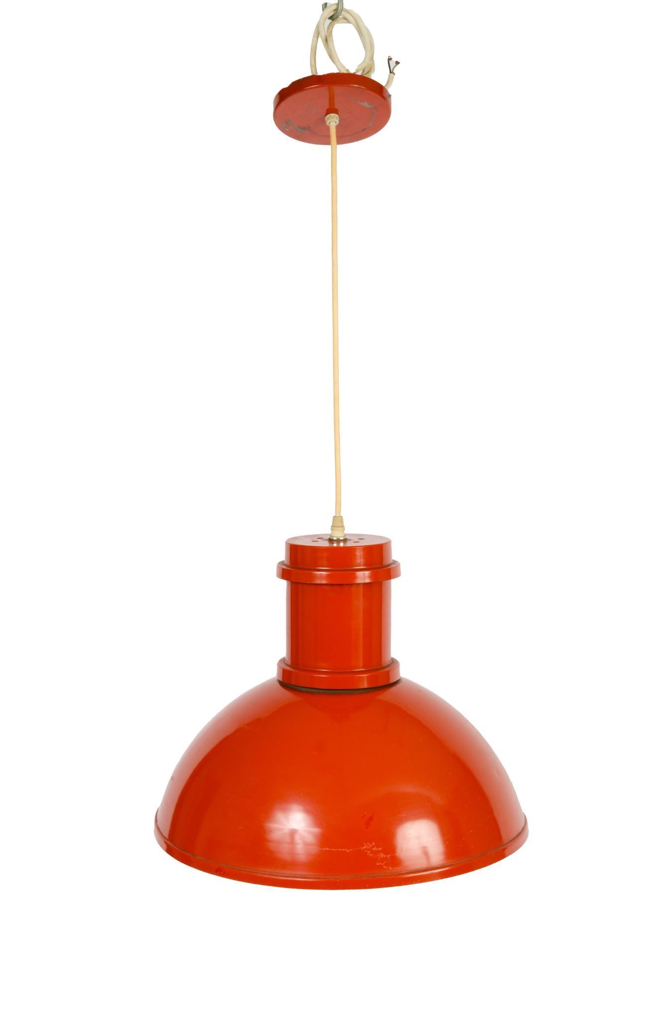 Mid-Century Italian Pendant Light.: Red enameled aluminum hanging shade, 1970â€™s. Diameter 16.5 inches, height 12 inches.