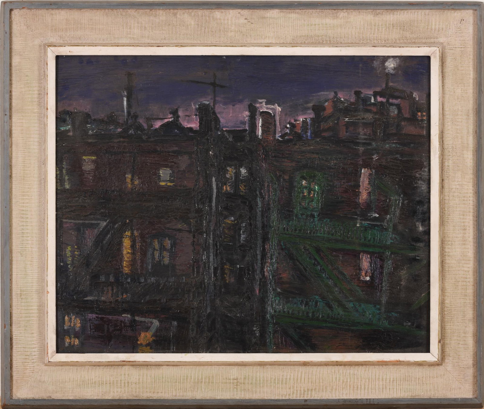 Abstract Night View of a New York City Street.: Oil on masonite, possibly signed l.l., c. 1960., Hydenryck style frame. Frame 38.25 inches by 32.25 inches., sight 29.5 inches by 23.5 inches.