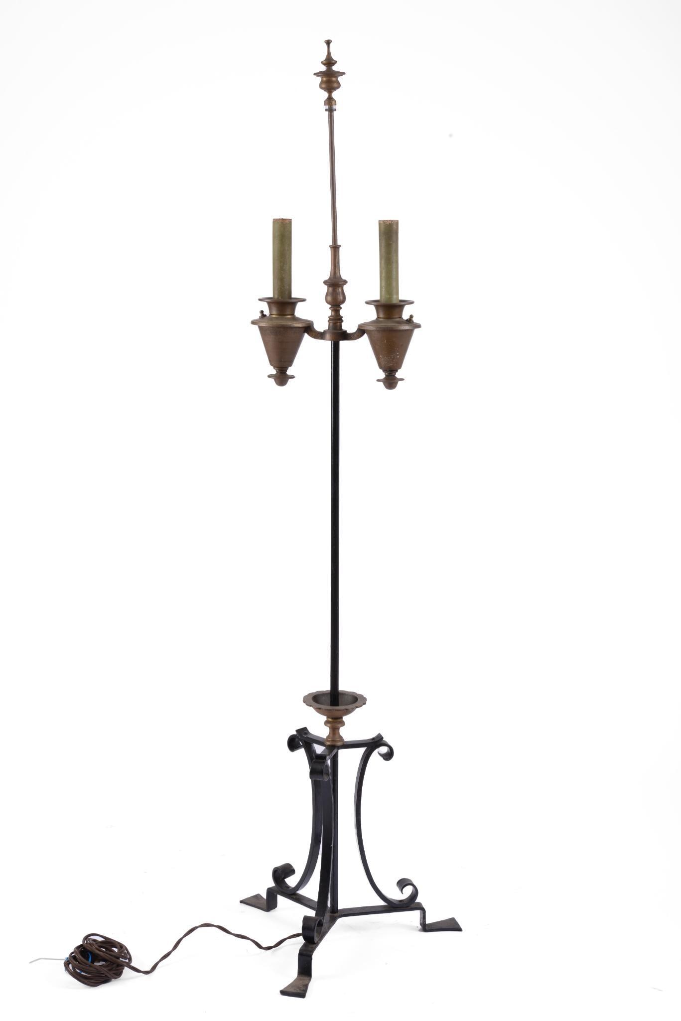 Early 20th Century Brass and Iron Two Light Floor Lamp (1 of 2)