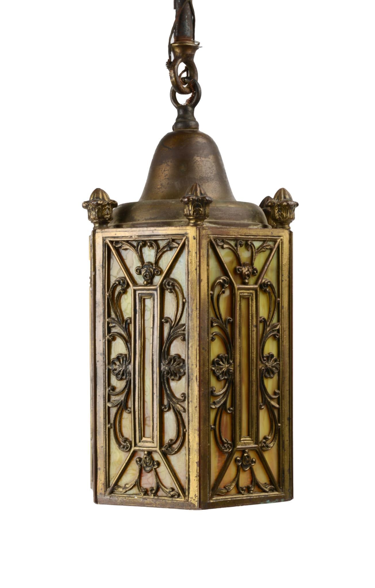 Art Nouveau Antiqued Brass Hanging Lamp. (1 of 5)