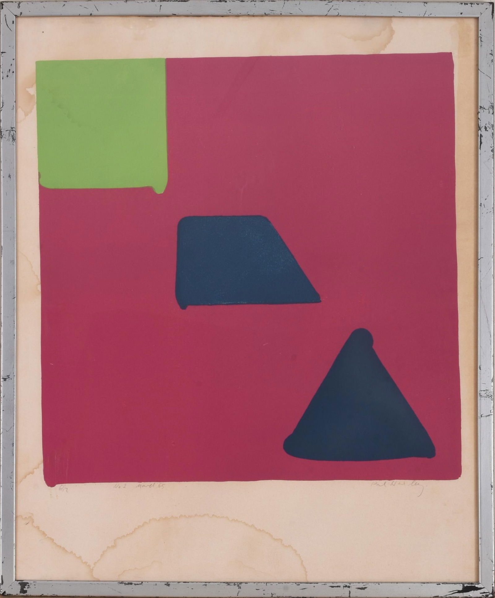 Paul Huxley Abstract Screenprint.: (England b. 1938), No. 2, pencil signed l.r., numbered 6/17, titled, and dated March 1965, l.l., framed, water stained around edges. Frame 28 x 23.5 inches