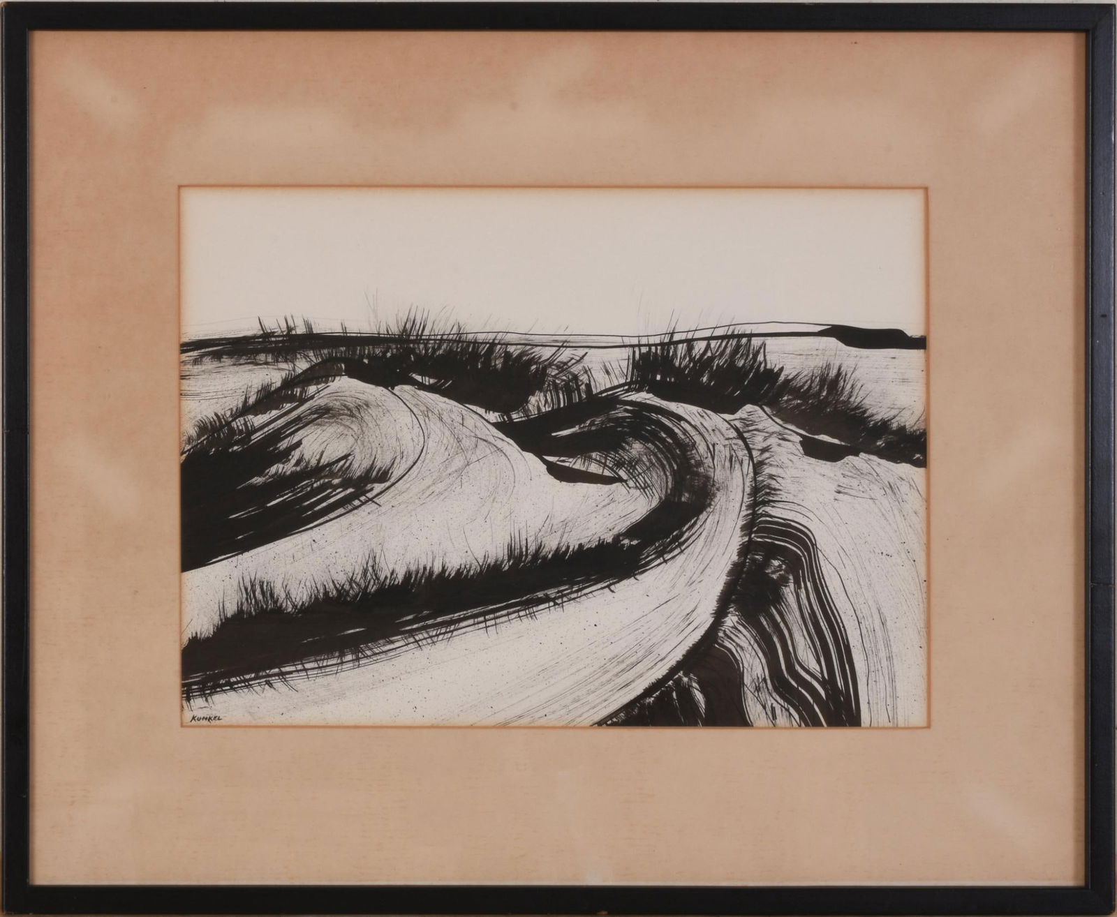 George Kunkel (1922 - 1984). Ogunquit Beach.: Pen and ink on paper, 10 x 14 inches, signed lower left. Framed, 16.5 x 20.5 inches.