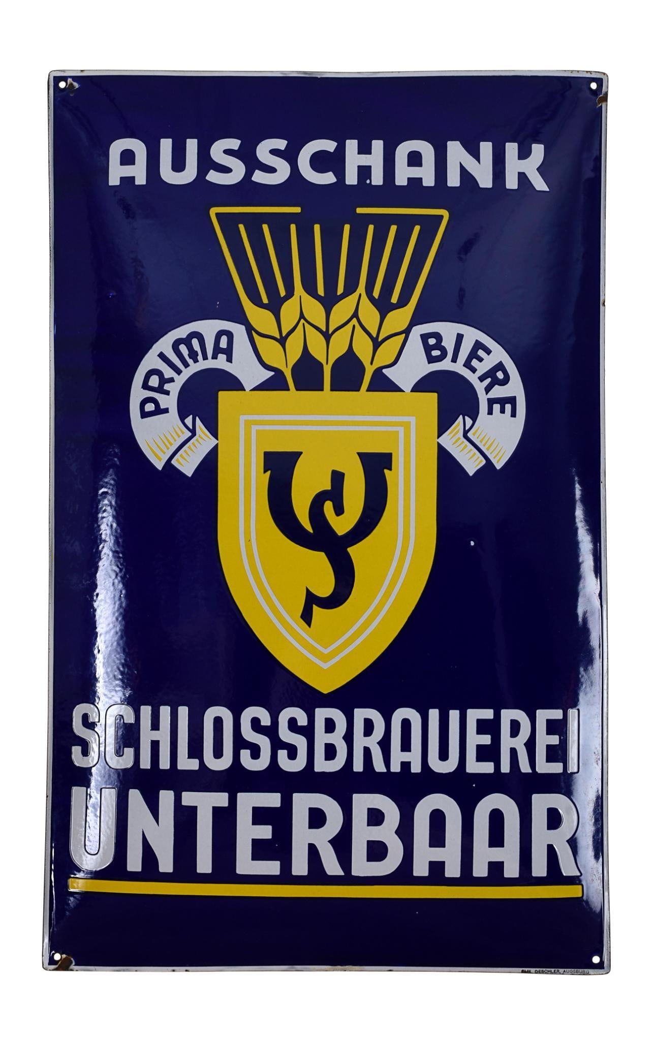 Schloss Brauerei Unterbaar Enamel Brewery Sign C. 1920-30's (1 of 3)