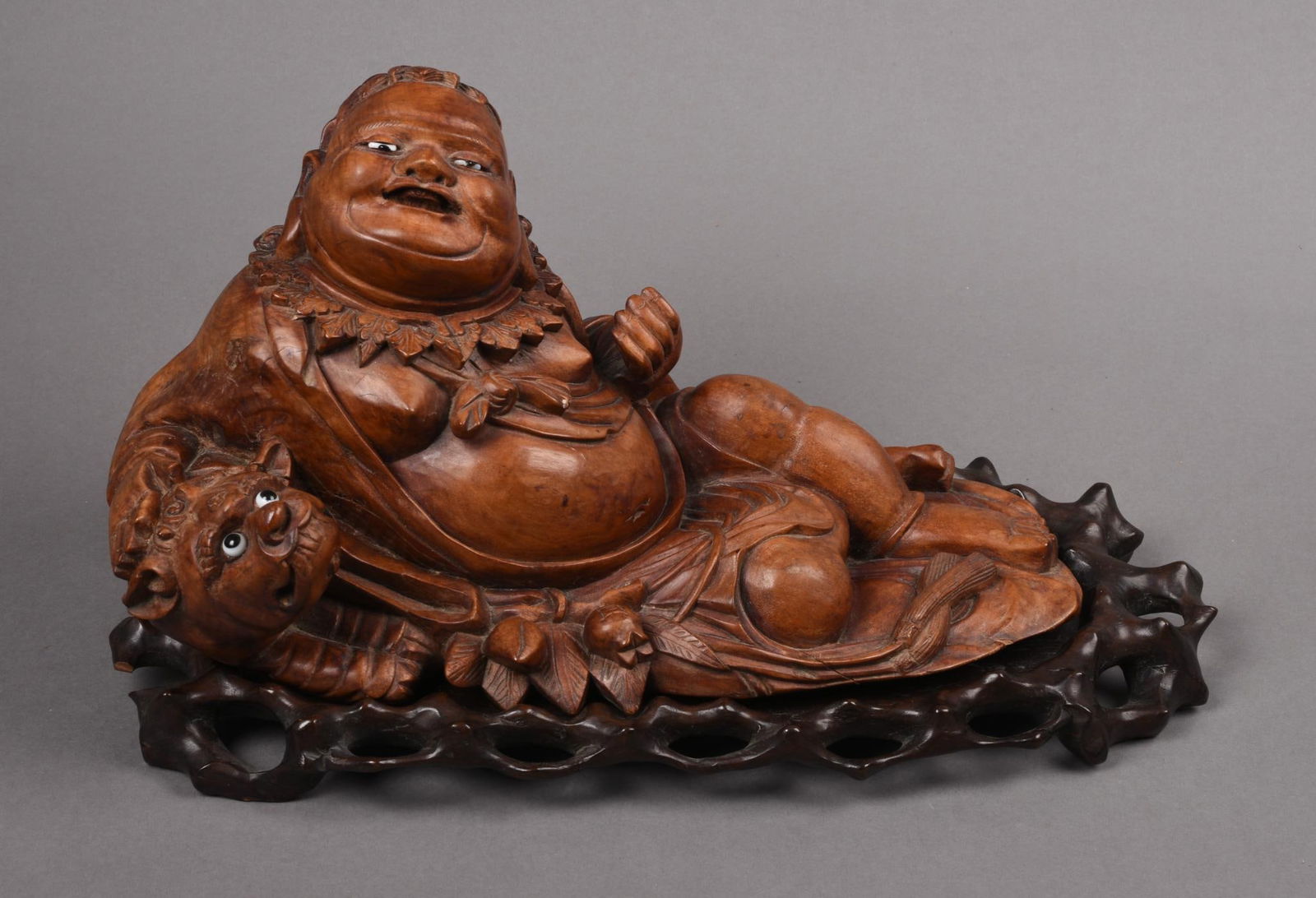 Chinese Carved Wood Sage and Tiger on Root Form Stand (1 of 8)