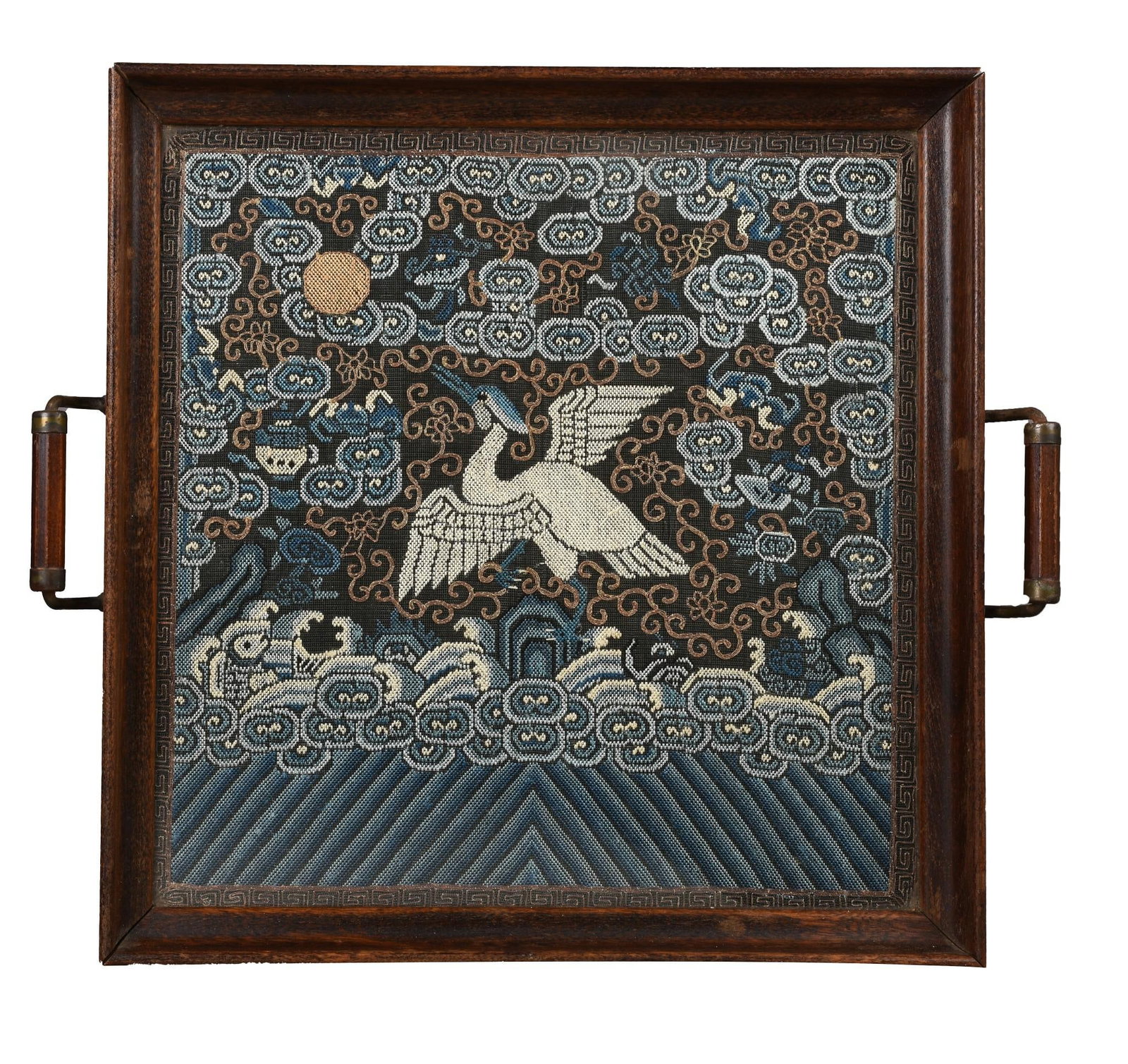 Chinese Embroidered Silk Rank Badge: Mounted as a tray with wooden frame, badge 19th century, 12.75 inches x 12.75 inches, not examined out of frame