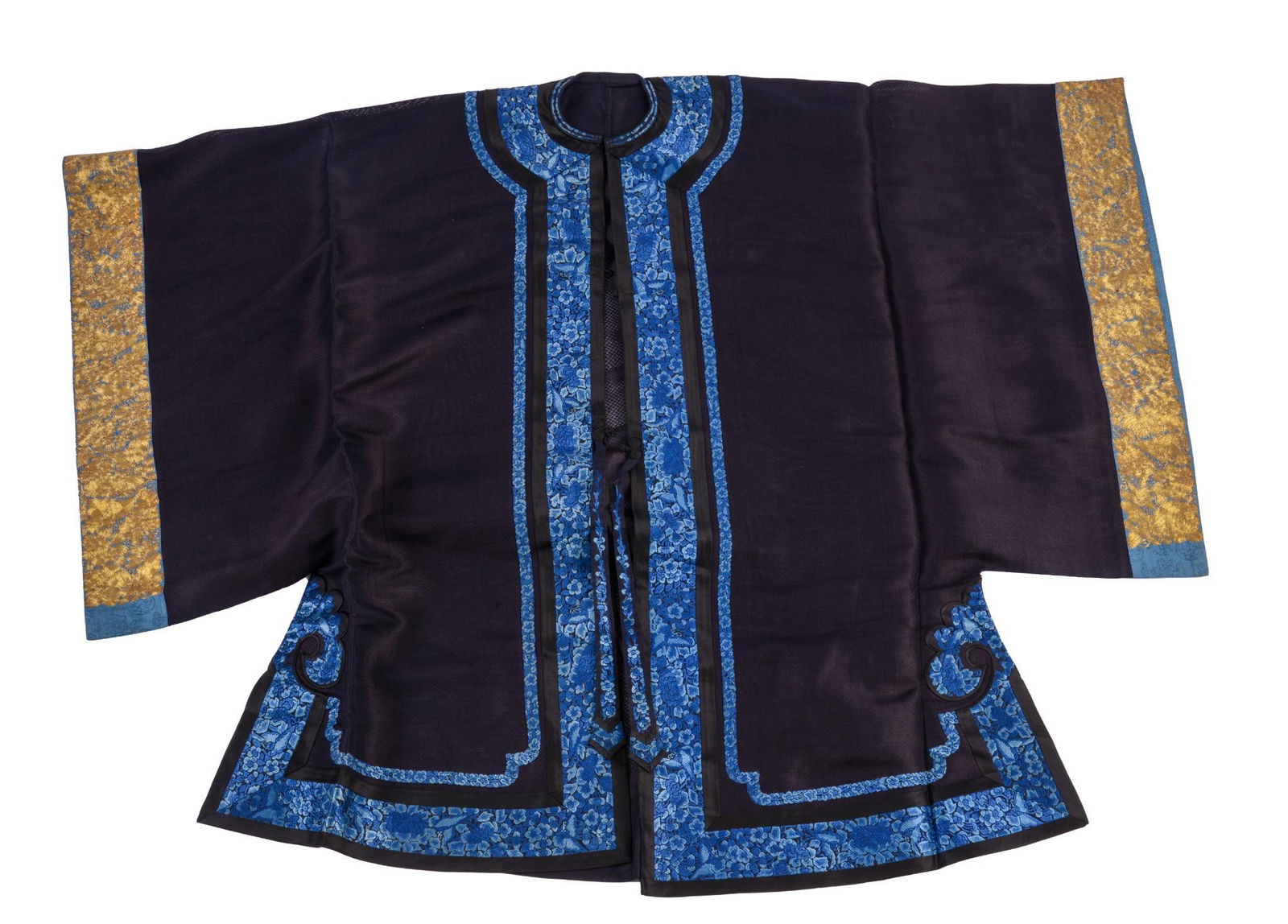 Chinese Embroidered Silk Gauze Robe: With embroidered trim and gilt sleeve bands, late 19th/early 20th century, length 38 inches