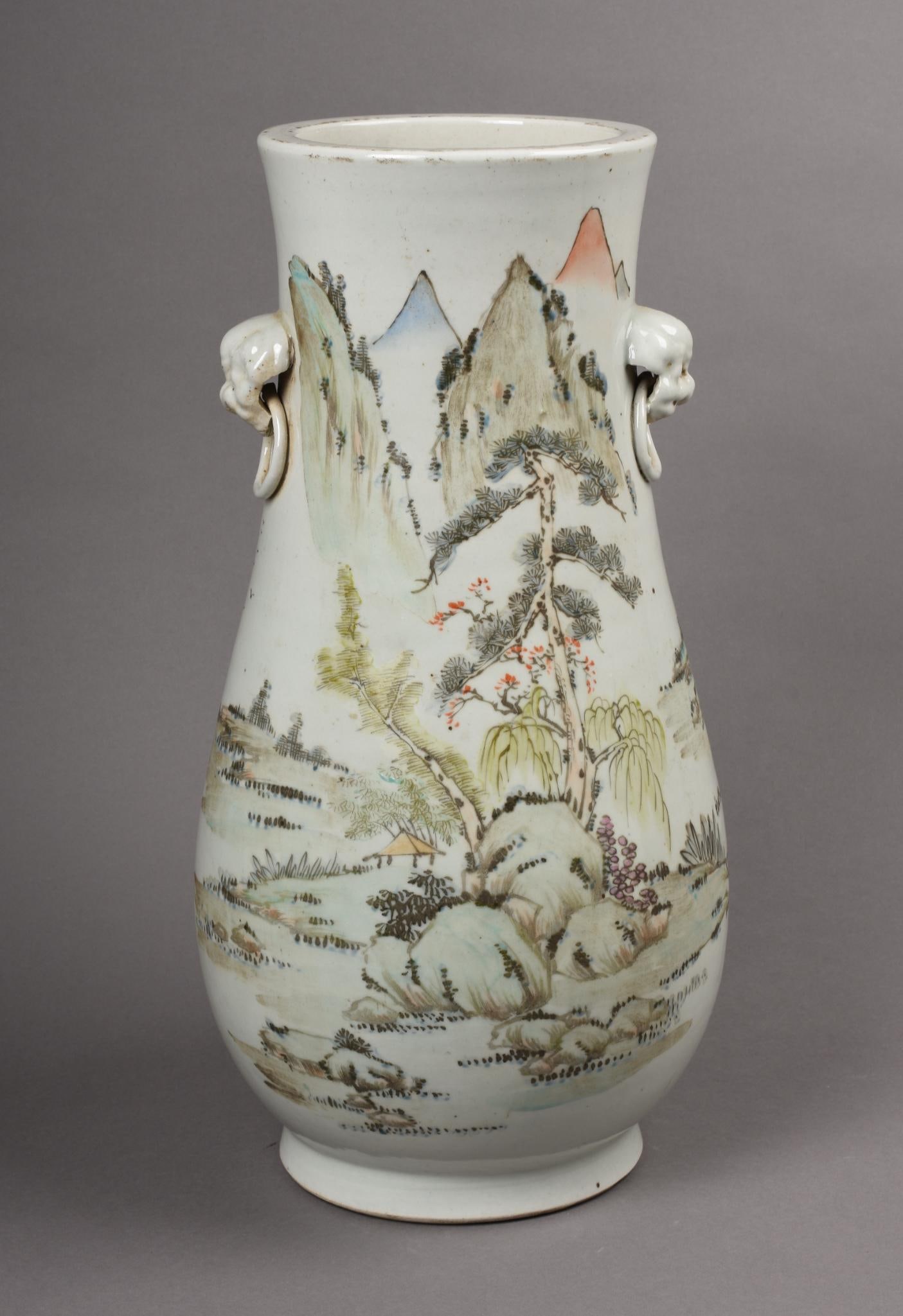 Large Chinese Qianjiang Famille Rose Porcelain Vase: With mountainous landscape on one side, poetic inscription, signed and sealed on reverse, animal mask handles, late 19th/early 20th century, height 15.75 inches.