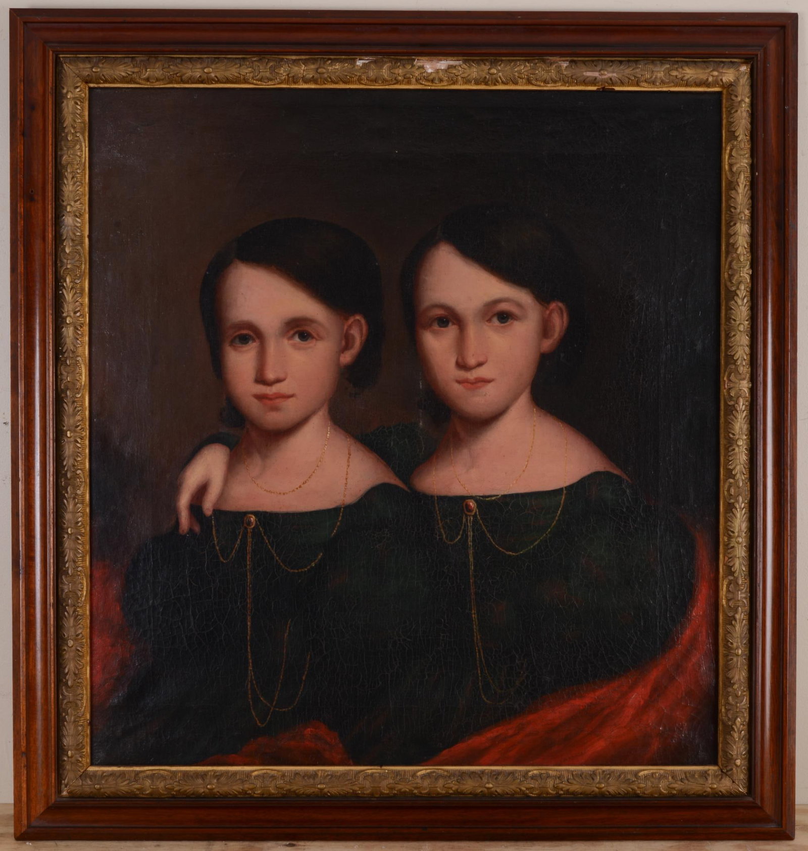 19th Century American School Portrrait of Twin Girls.: Oil on canvas, 30 x 27.5 inches. Framed, 36 x 34 inches. Some losses to frame, painting has wax lining.