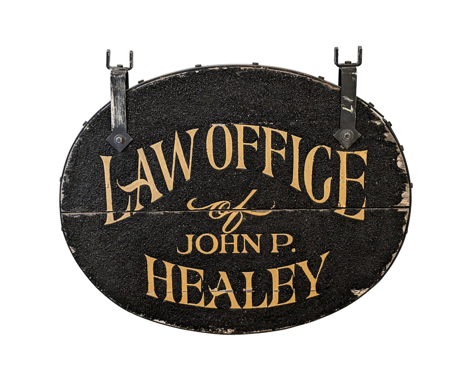 Sign: Law Office of John P. Healey: 30 x 36 inches. On wood, with gilt lettering, some losses.