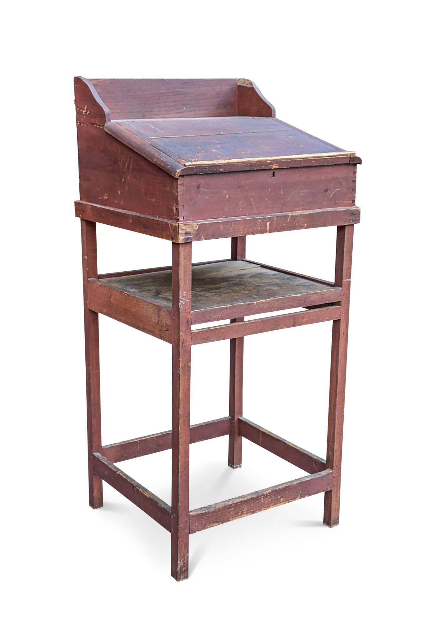Exceptionally Tall New England School Master's Desk in Red Paint. (1 of 3)