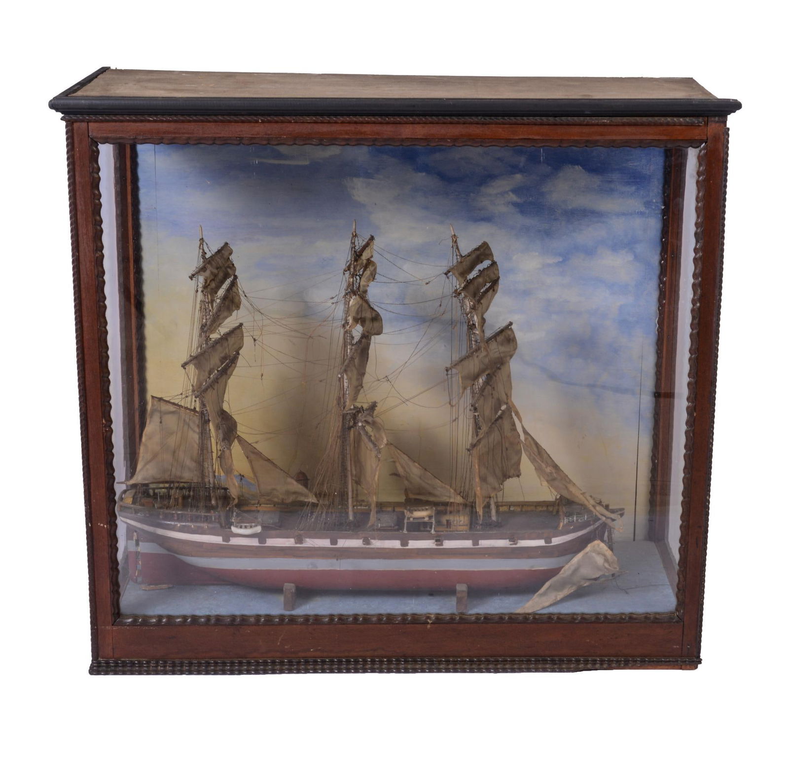 Folk Art Cased Ship Model.: Case 26 x 28 x 12 inches. Some damage to ship, two pieces of molding missing from ship.