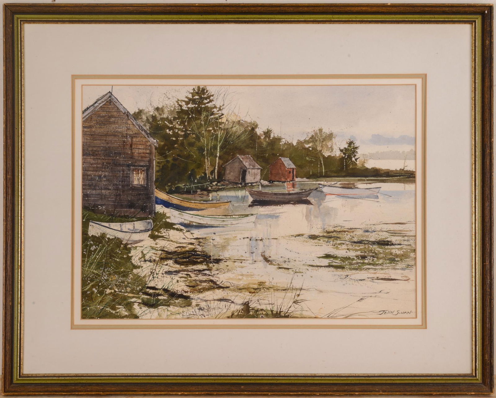 John Swan (b. 1948). Dories at High Tide.: Watercolor on paper, 13.5 x 19 inches, sight, signed lower right. Framed, 22.5 x 28.5 inches.
