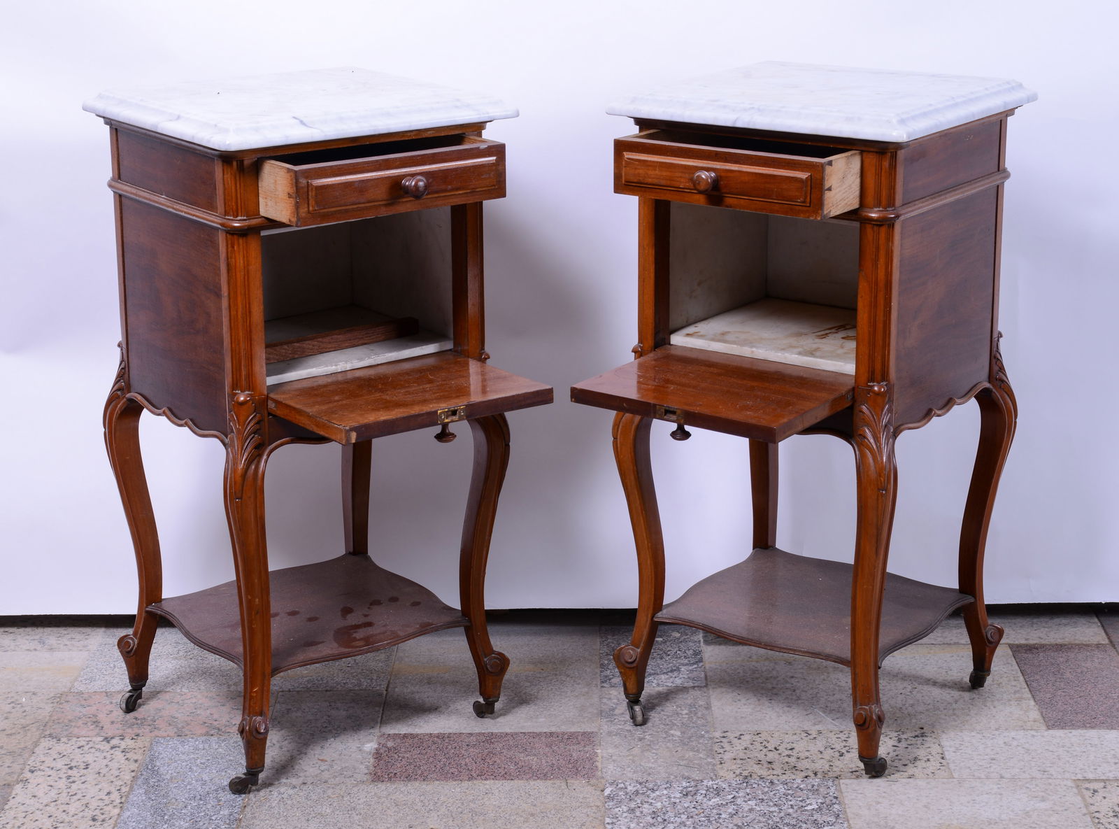 Pair of French Provincial Walnut Topped Side Tables. (1 of 3)