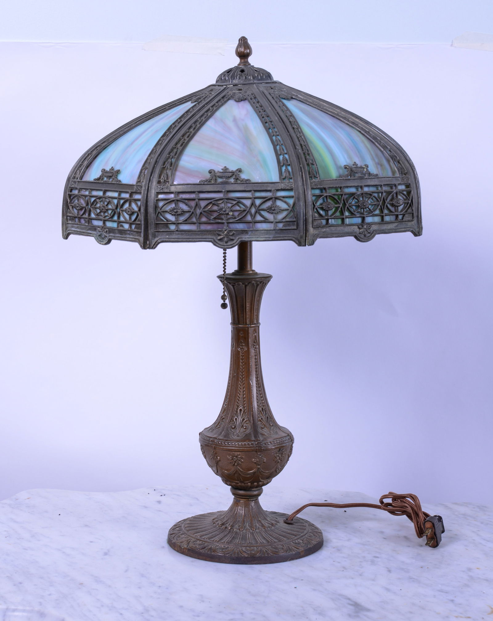 Bronze Table Lamp With Slag Glass Shade. (1 of 4)
