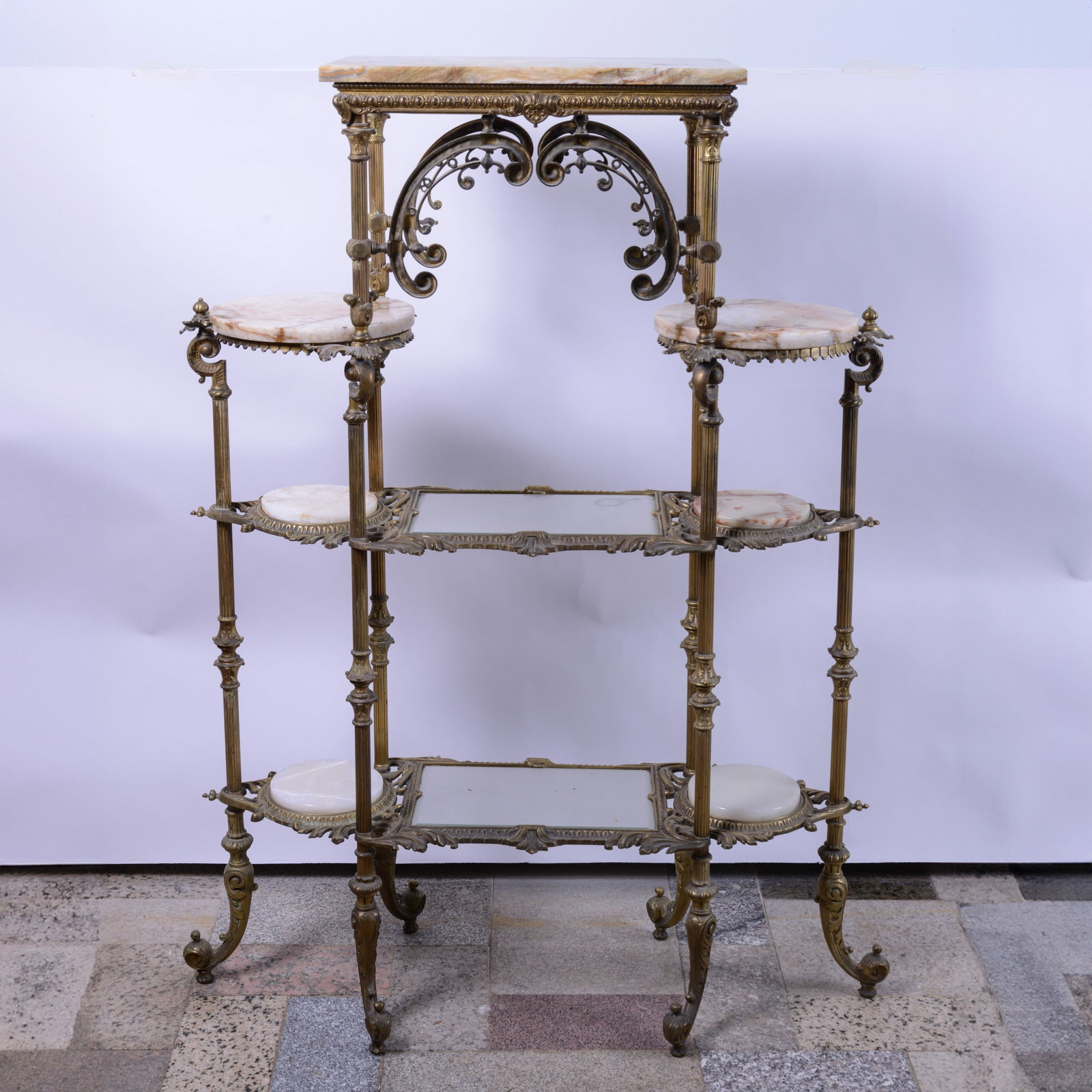 Ornate Gilt Metal and Marble Shelf.: Height 56 inches, width 40 inches, depth 14 inches. Good condition. "DELIVERY Delivery via private trucking company is available for this item. Please allow 2-4 weeks for delivery. PICKUP Pickup is No