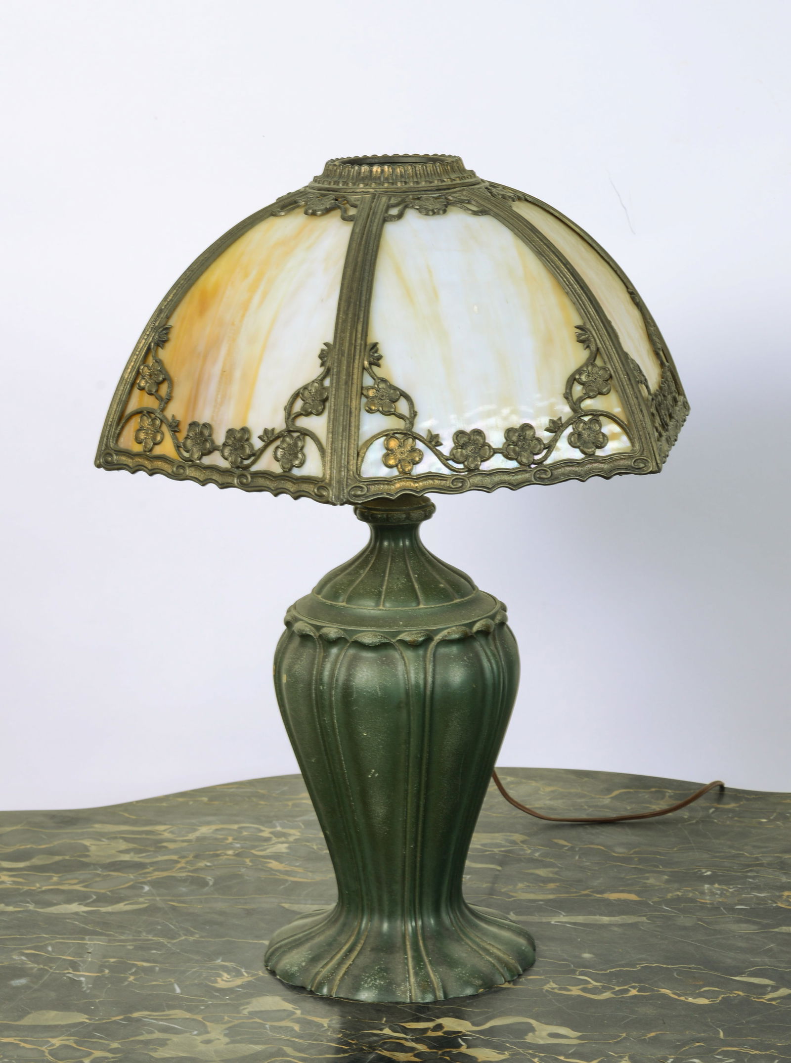 Antique Metal Lamp Base With Slag Glass Shade. (1 of 3)